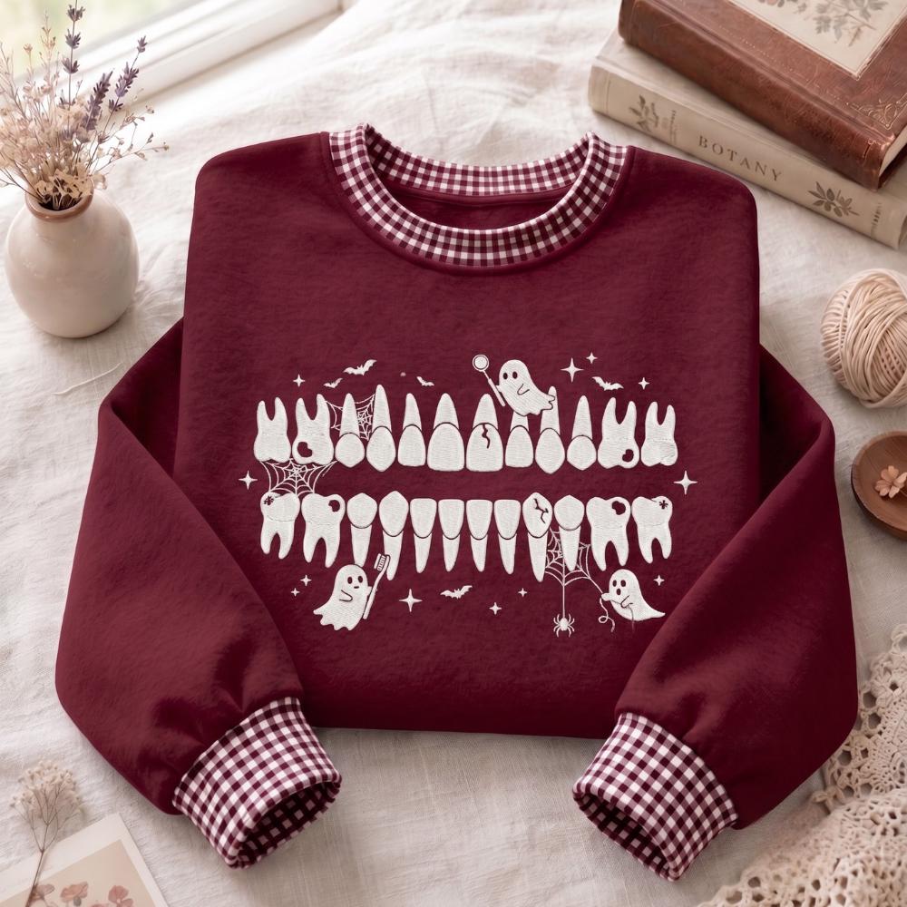 Cute Embroidered Dental Halloween Sweatshirt – Spooky Teeth Ghost Crewneck Sweater Gift for Dentist and Dental Hygienist - photo 2