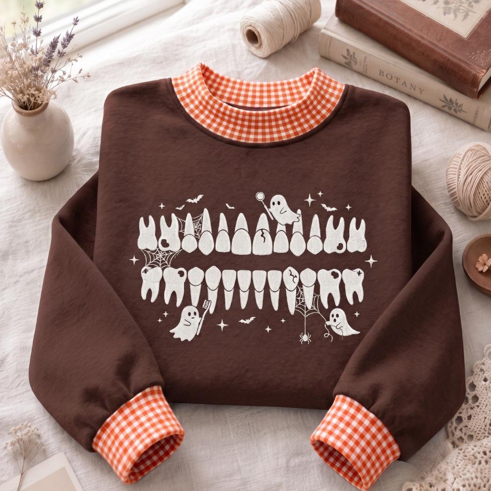 Cute Embroidered Dental Halloween Sweatshirt – Spooky Teeth Ghost Crewneck Sweater Gift for Dentist and Dental Hygienist - photo 6