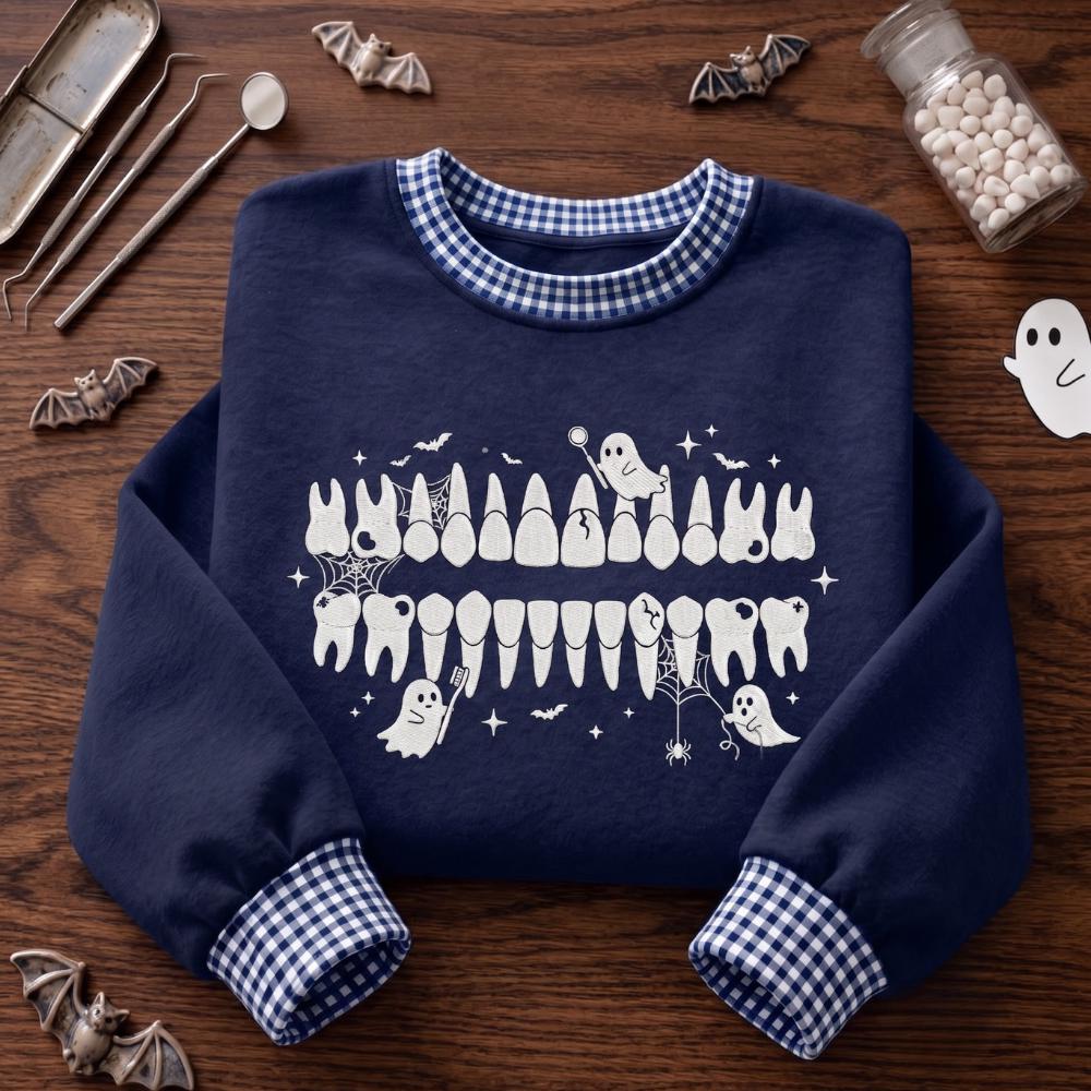 Cute Embroidered Dental Halloween Sweatshirt – Spooky Teeth Ghost Crewneck Sweater Gift for Dentist and Dental Hygienist - photo 7
