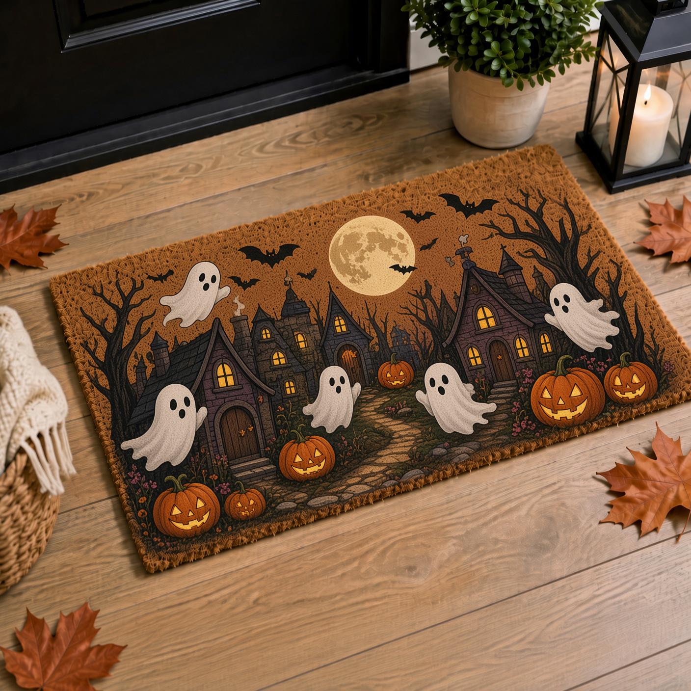 Haunted House Spooky Village Halloween Doormat – Ghost Pumpkin and Full Moon Welcome Mat for Front Door Porch Decor