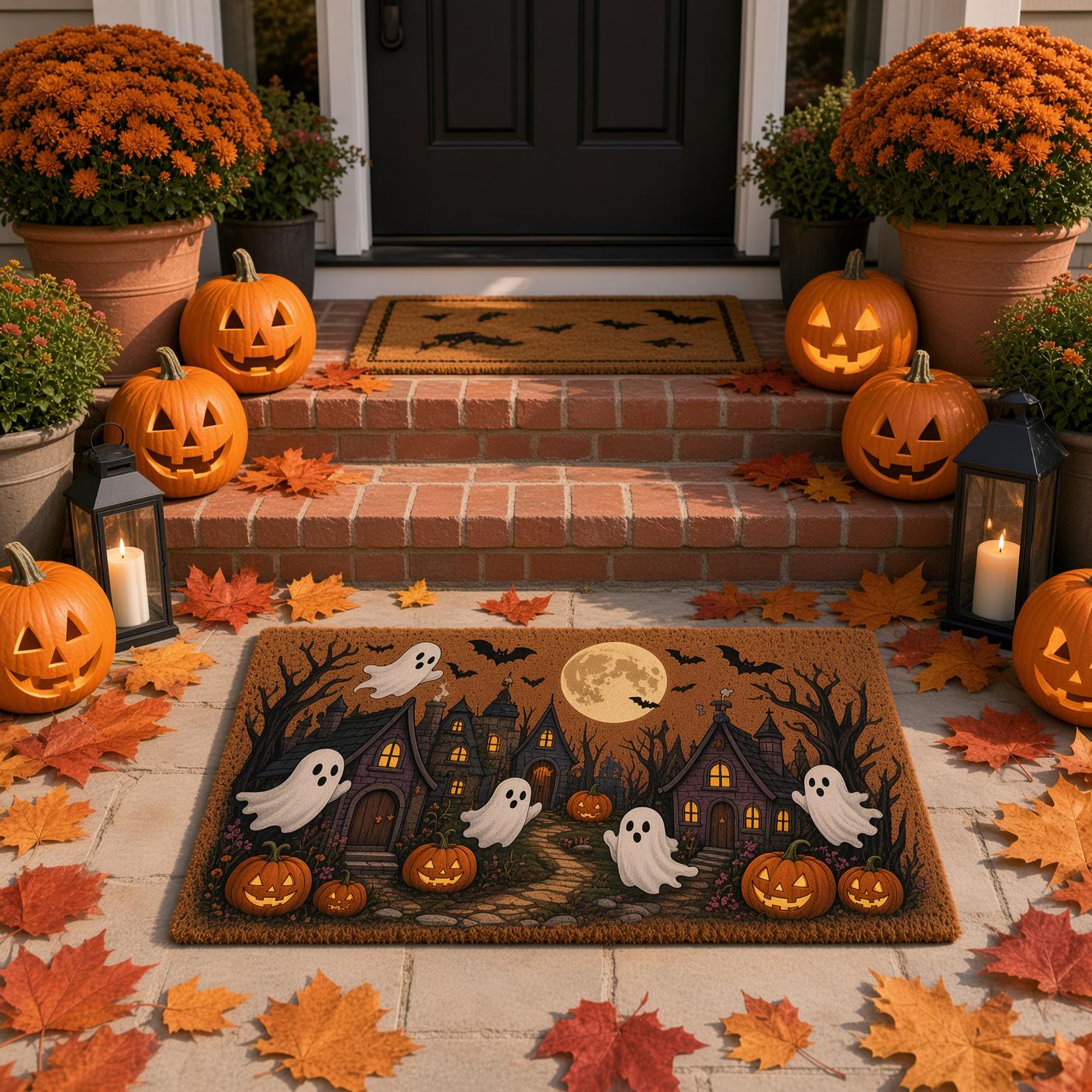 Haunted House Spooky Village Halloween Doormat – Ghost Pumpkin and Full Moon Welcome Mat for Front Door Porch Decor - photo 2