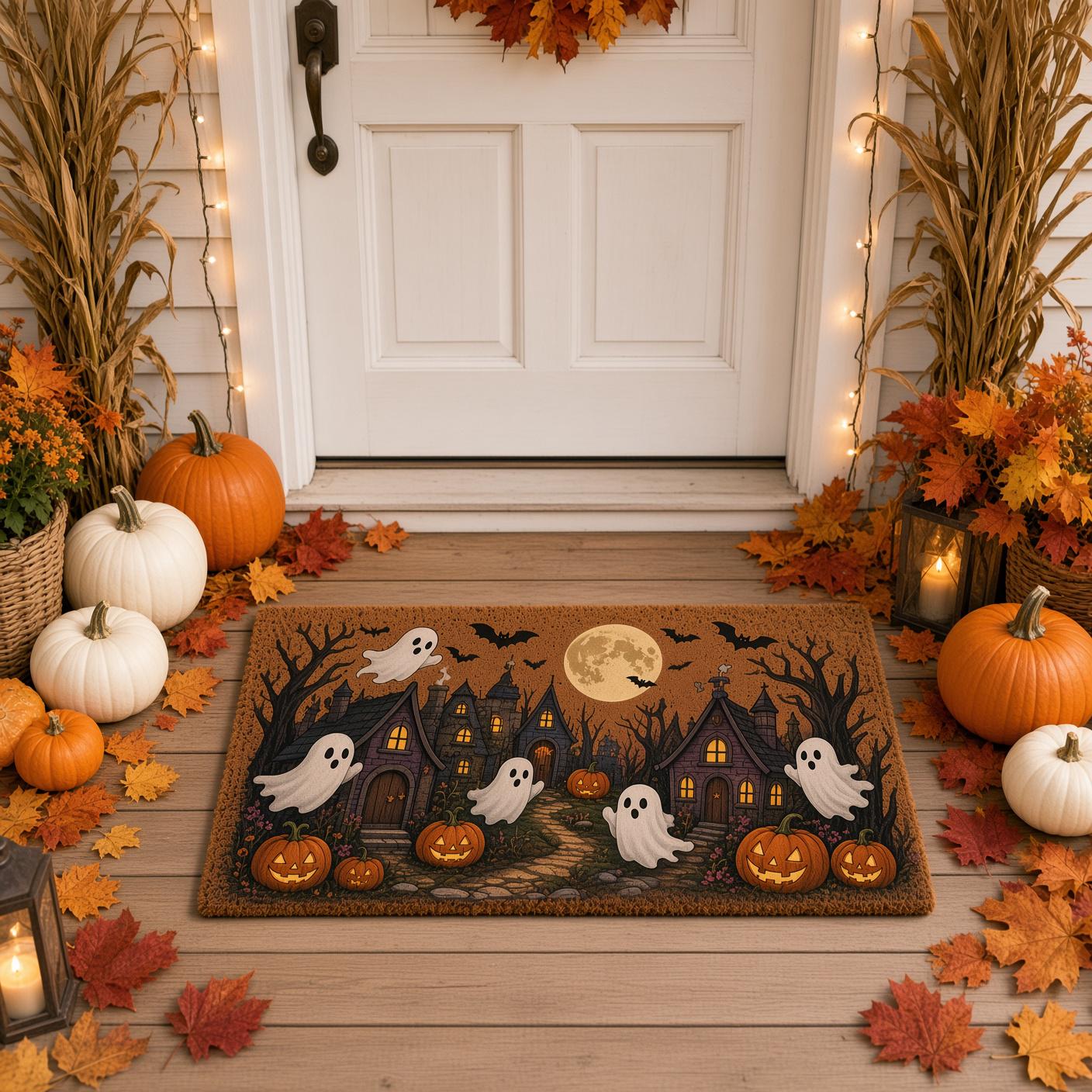 Haunted House Spooky Village Halloween Doormat – Ghost Pumpkin and Full Moon Welcome Mat for Front Door Porch Decor - photo 3