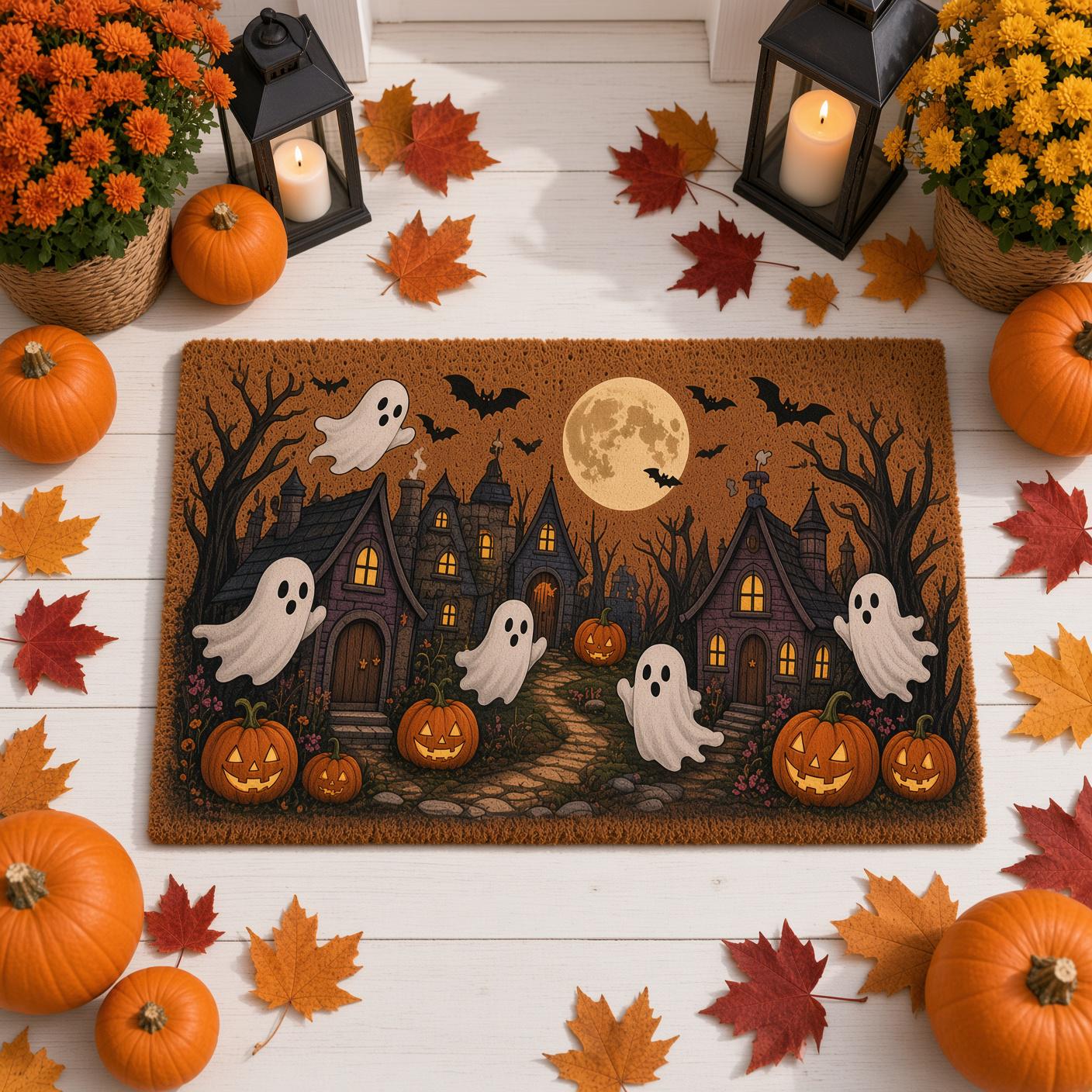 Haunted House Spooky Village Halloween Doormat – Ghost Pumpkin and Full Moon Welcome Mat for Front Door Porch Decor - photo 5