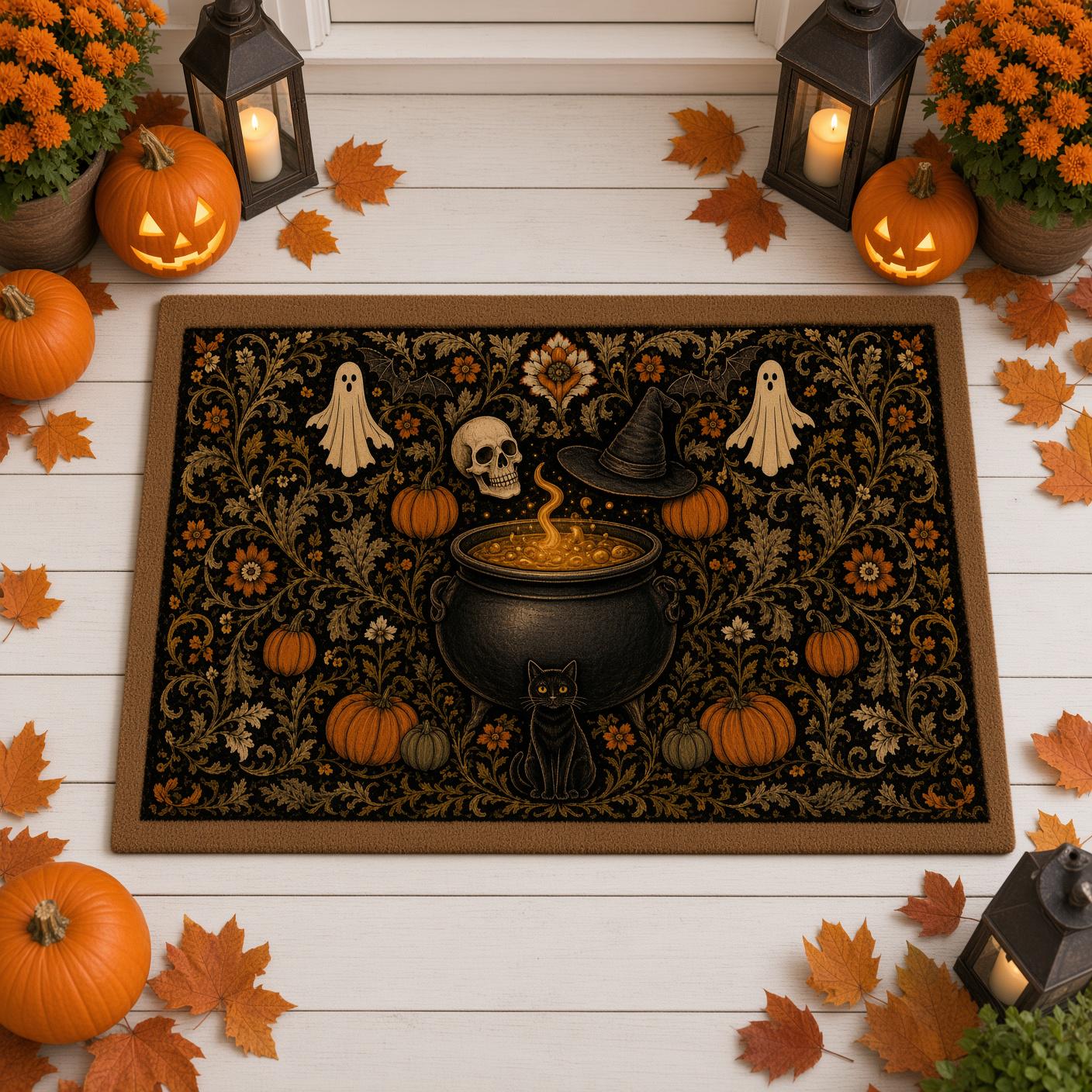Witch Cauldron Spooky Halloween Doormat – Gothic Floral Witchy Black Cat Ghost and Pumpkin Welcome Mat for Front Door Porch Decor