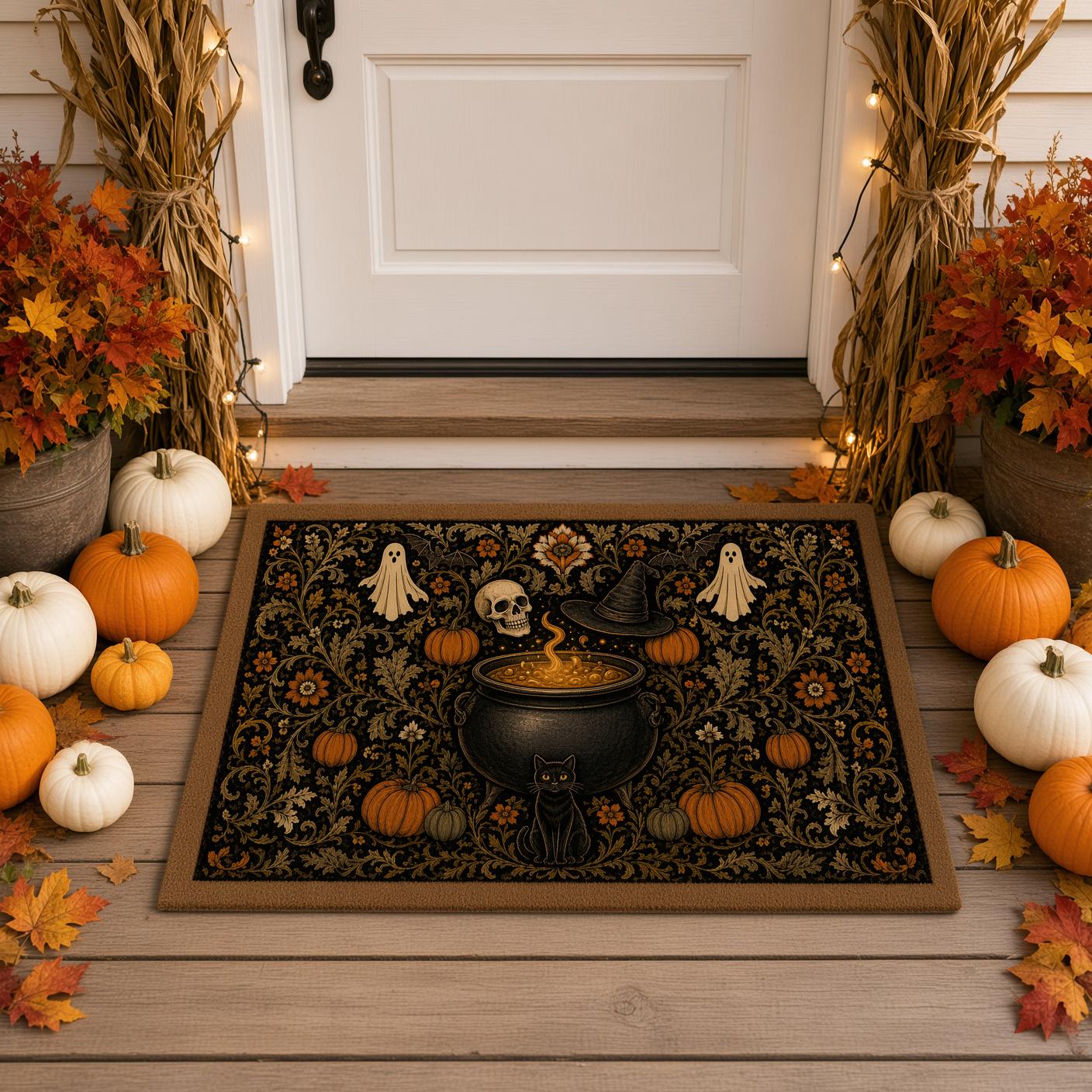 Witch Cauldron Spooky Halloween Doormat – Gothic Floral Witchy Black Cat Ghost and Pumpkin Welcome Mat for Front Door Porch Decor - photo 2