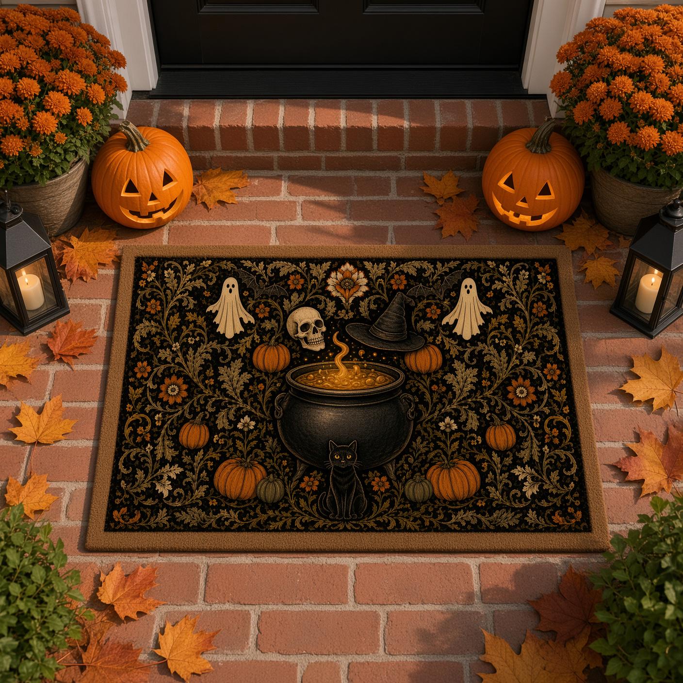 Witch Cauldron Spooky Halloween Doormat – Gothic Floral Witchy Black Cat Ghost and Pumpkin Welcome Mat for Front Door Porch Decor - photo 4