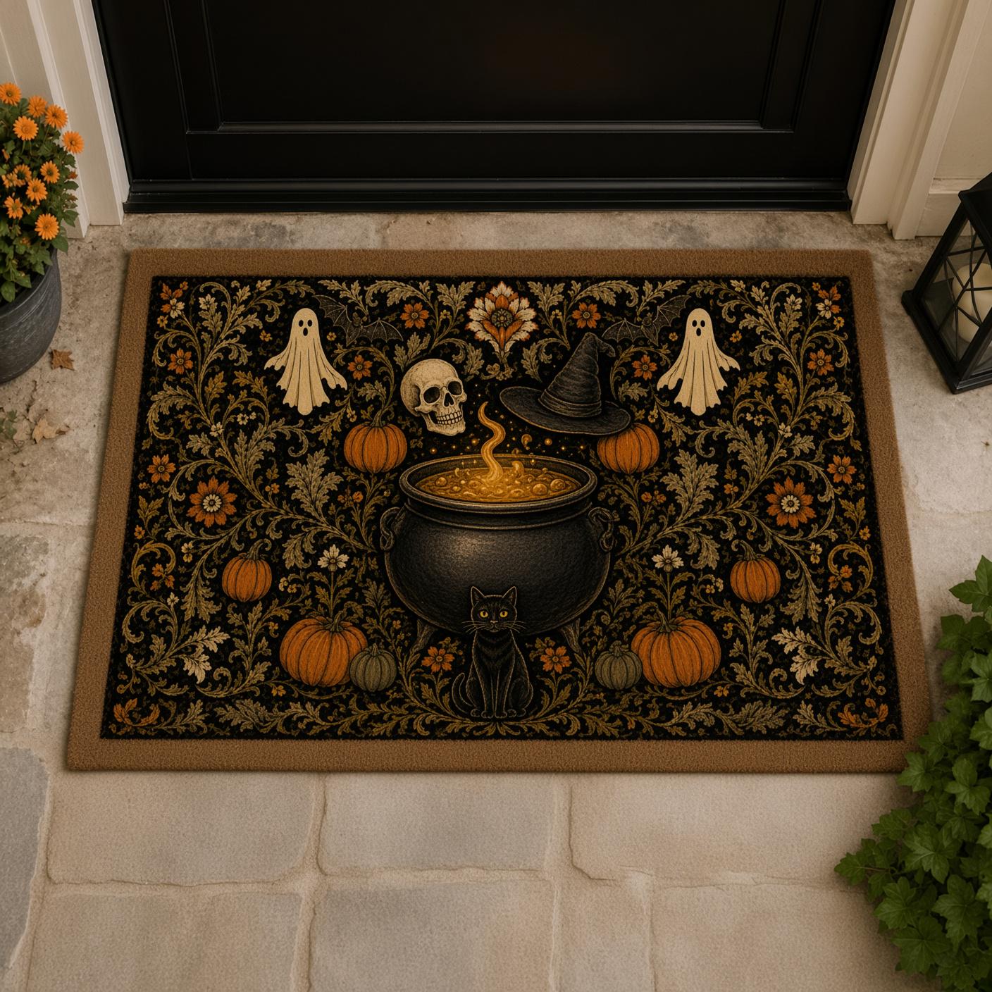Witch Cauldron Spooky Halloween Doormat – Gothic Floral Witchy Black Cat Ghost and Pumpkin Welcome Mat for Front Door Porch Decor - photo 5