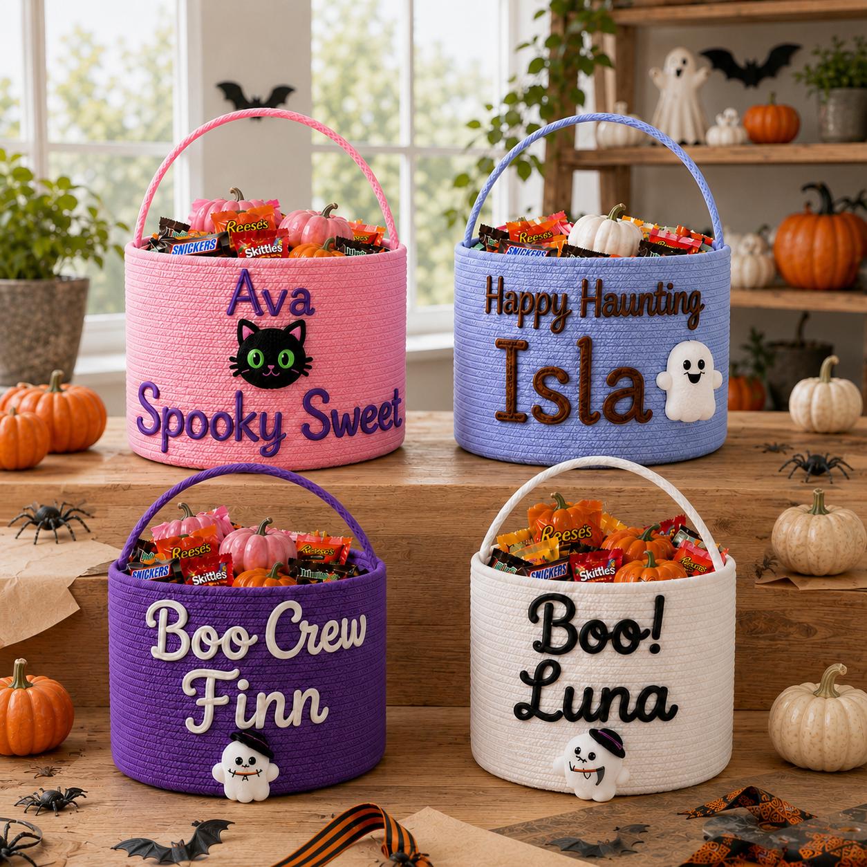 Personalized Custom Name Rope Halloween Candy Basket – Spooky Kids Trick or Treat Bucket Holder Gift for Children
