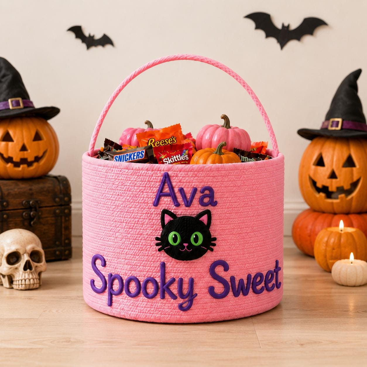 Personalized Custom Name Rope Halloween Candy Basket – Spooky Kids Trick or Treat Bucket Holder Gift for Children - photo 2