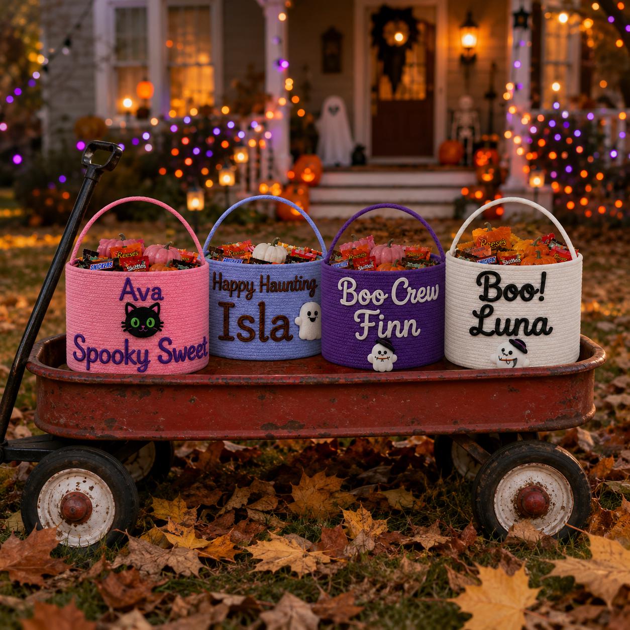 Personalized Custom Name Rope Halloween Candy Basket – Spooky Kids Trick or Treat Bucket Holder Gift for Children - photo 5