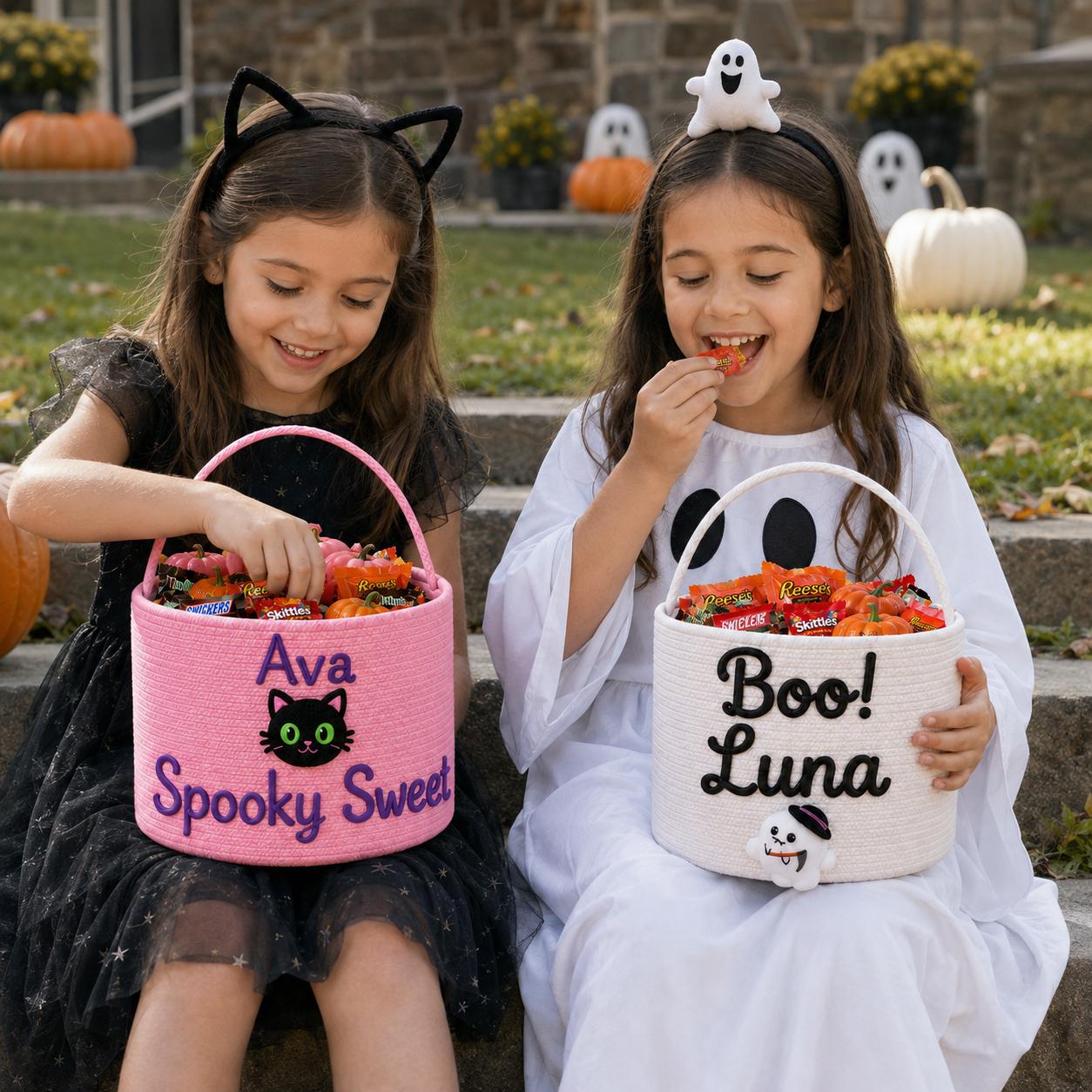 Personalized Custom Name Rope Halloween Candy Basket – Spooky Kids Trick or Treat Bucket Holder Gift for Children - photo 6