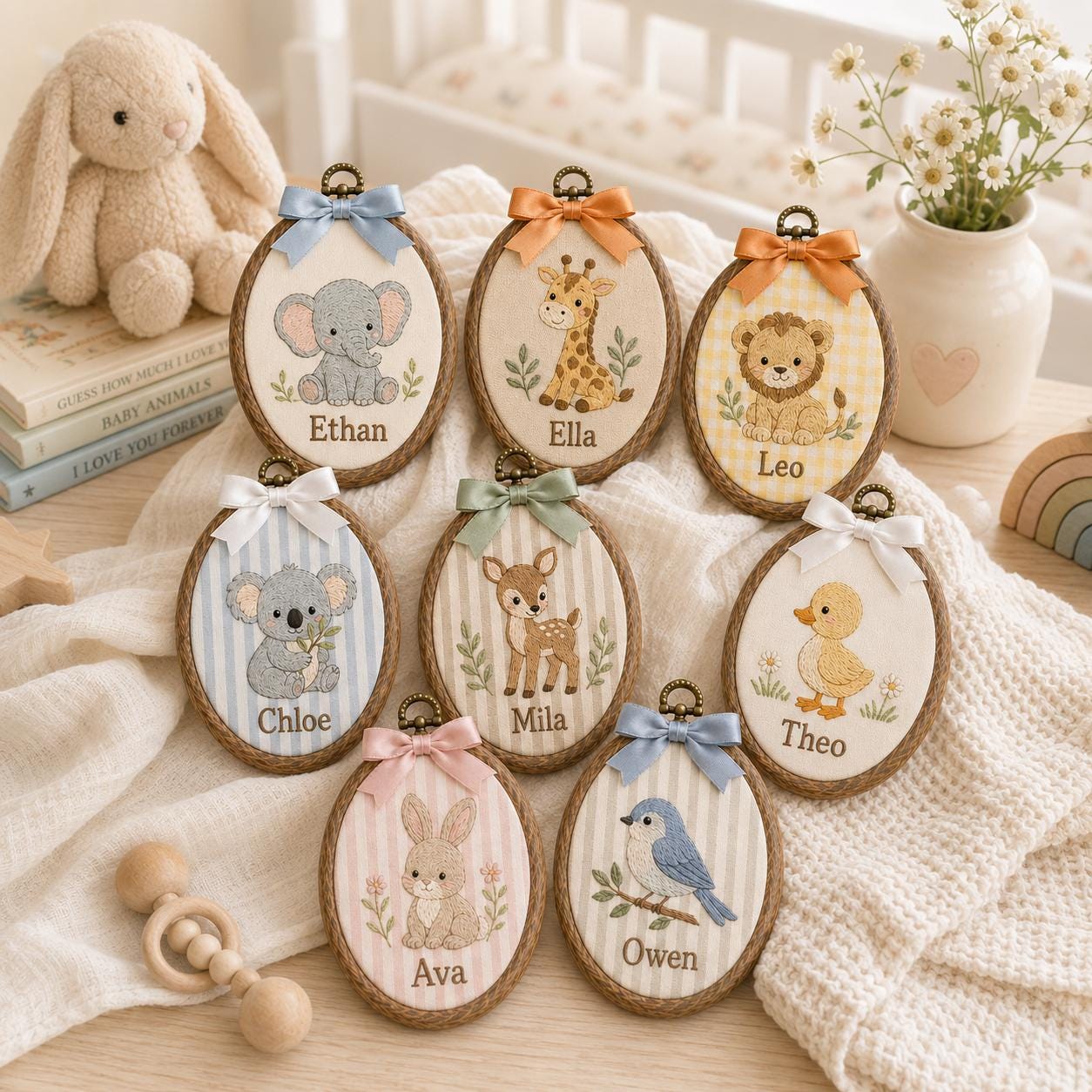 Personalized Farm Animal Ornament with Custom Baby Name Embroidery Hoop and Nursery Wall Decor, Baby Shower Gift, Newborn Keepsake