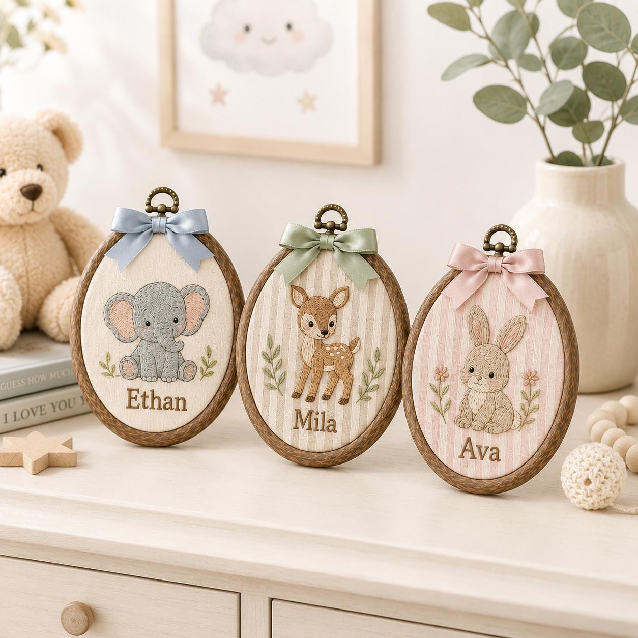 Personalized Farm Animal Ornament with Custom Baby Name Embroidery Hoop and Nursery Wall Decor, Baby Shower Gift, Newborn Keepsake - photo 2