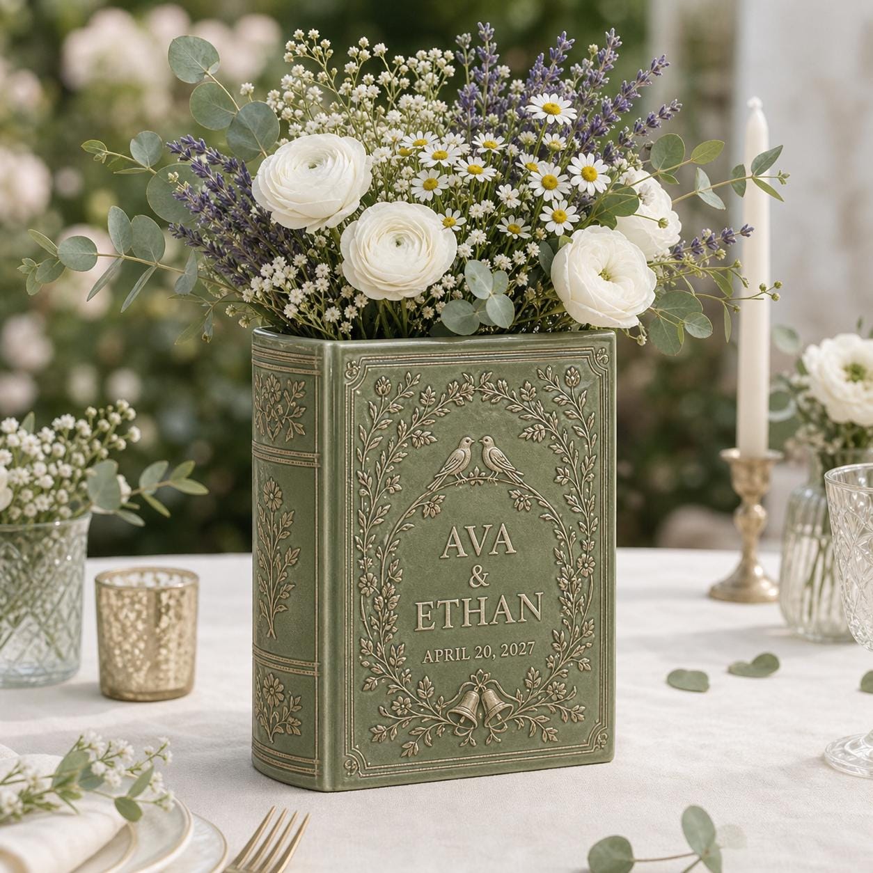 Personalized Wedding Book Vase with Sage Green Flower Vase and Rustic Wedding Decor, Couple Book Shaped Vase, Wedding Centerpiece, Anniversary Gift