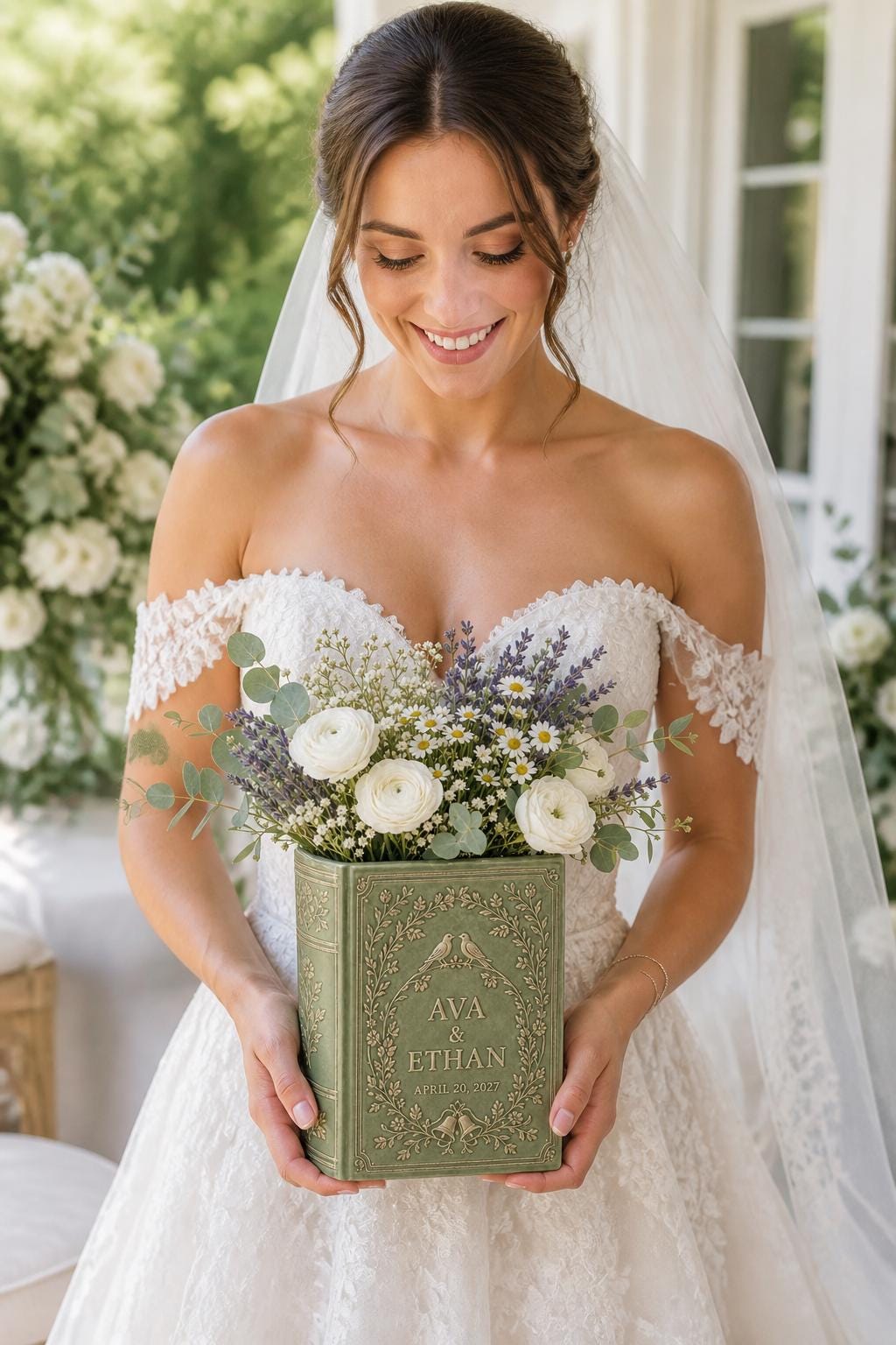 Personalized Wedding Book Vase with Sage Green Flower Vase and Rustic Wedding Decor, Couple Book Shaped Vase, Wedding Centerpiece, Anniversary Gift - photo 2