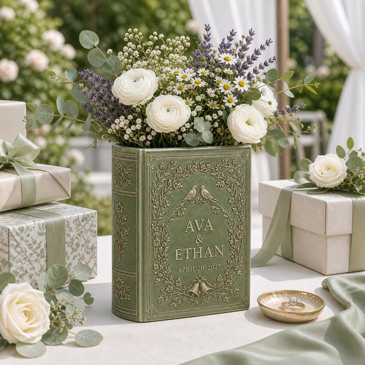 Personalized Wedding Book Vase with Sage Green Flower Vase and Rustic Wedding Decor, Couple Book Shaped Vase, Wedding Centerpiece, Anniversary Gift - photo 5