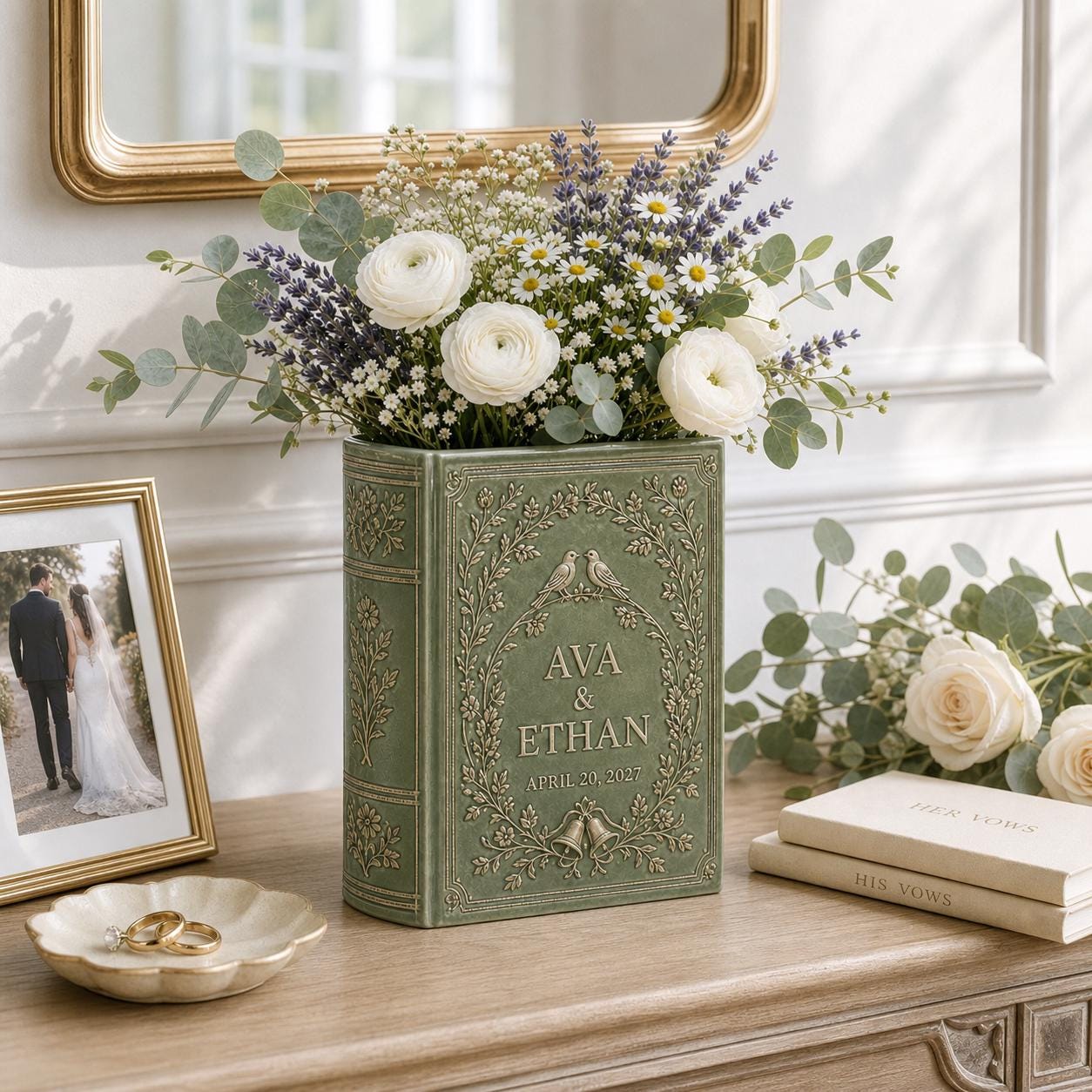 Personalized Wedding Book Vase with Sage Green Flower Vase and Rustic Wedding Decor, Couple Book Shaped Vase, Wedding Centerpiece, Anniversary Gift - photo 6