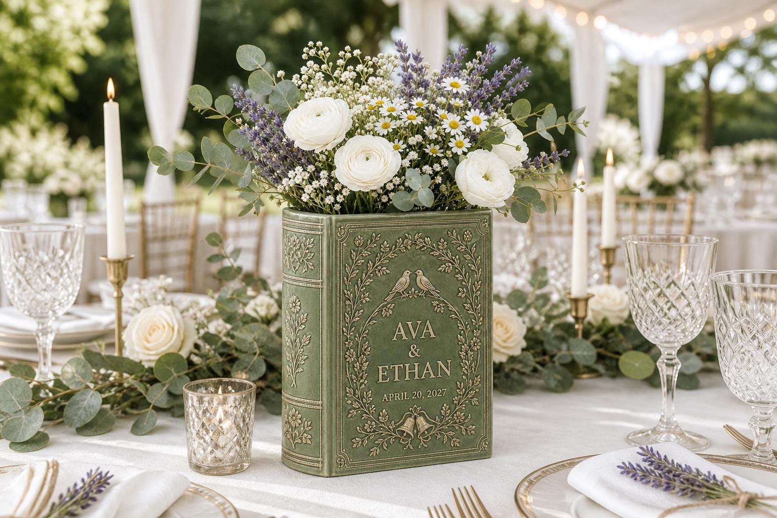 Personalized Wedding Book Vase with Sage Green Flower Vase and Rustic Wedding Decor, Couple Book Shaped Vase, Wedding Centerpiece, Anniversary Gift - photo 7