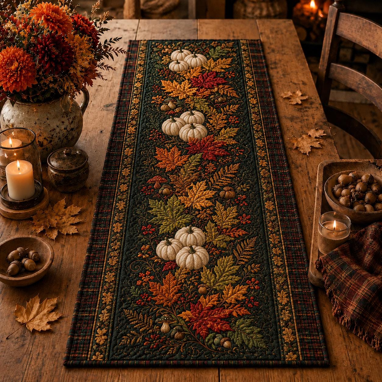 Fall Pumpkin Table Runner with White Pumpkin and Autumn Leaves Thanksgiving Table Decor, Rustic Harvest Dining Runner, Cozy Farmhouse Fall Decor