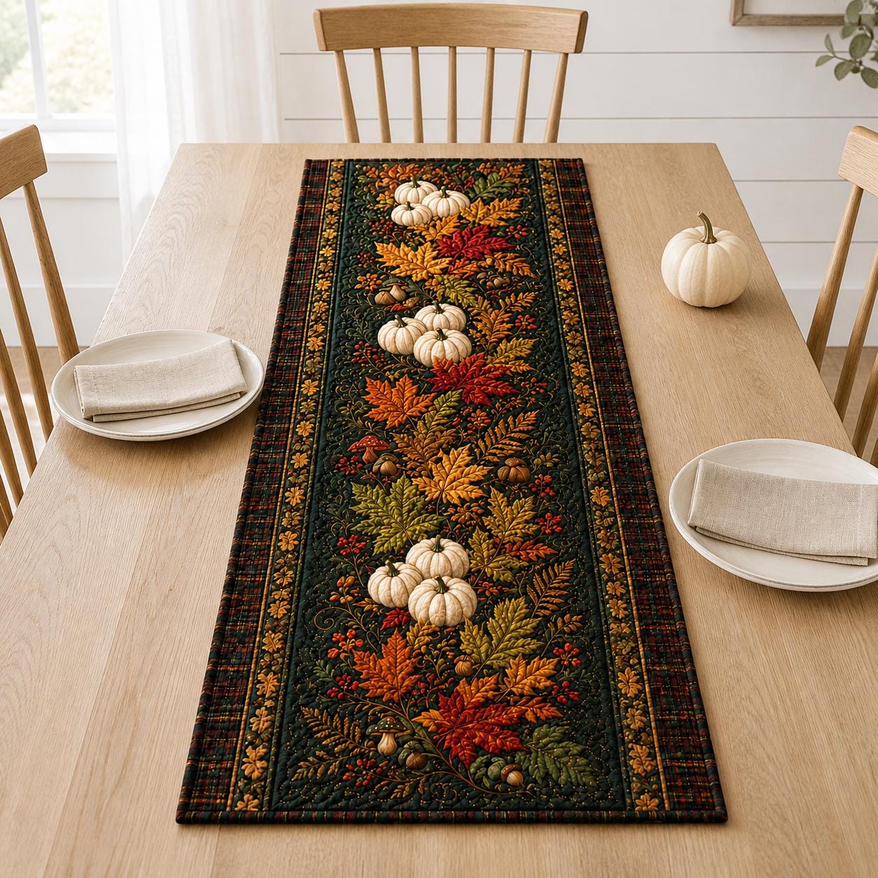 Fall Pumpkin Table Runner with White Pumpkin and Autumn Leaves Thanksgiving Table Decor, Rustic Harvest Dining Runner, Cozy Farmhouse Fall Decor - photo 2