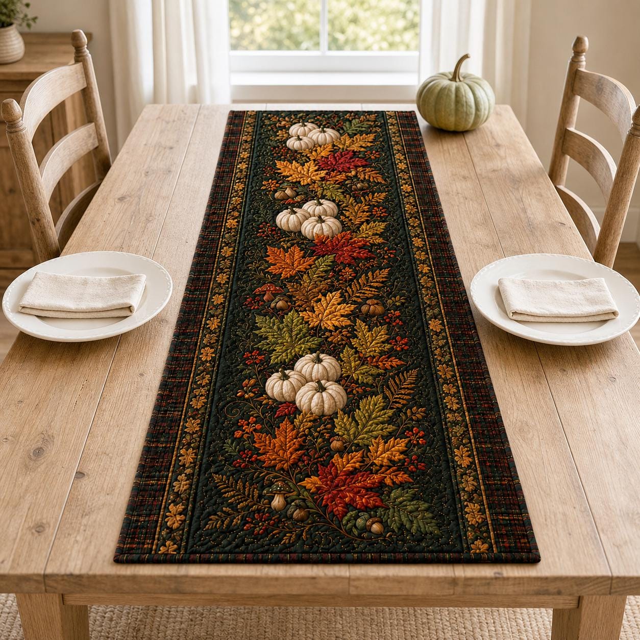 Fall Pumpkin Table Runner with White Pumpkin and Autumn Leaves Thanksgiving Table Decor, Rustic Harvest Dining Runner, Cozy Farmhouse Fall Decor - photo 3