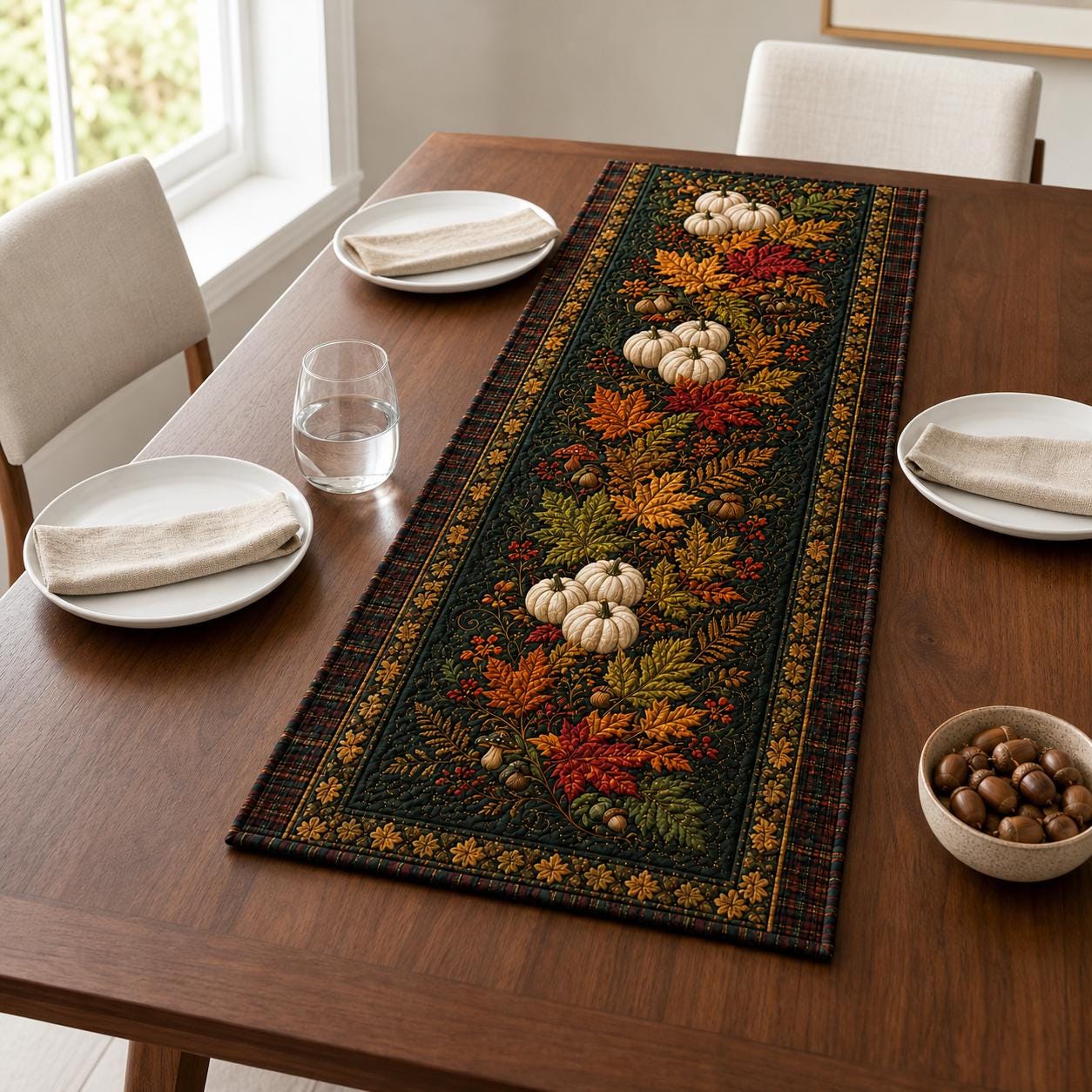 Fall Pumpkin Table Runner with White Pumpkin and Autumn Leaves Thanksgiving Table Decor, Rustic Harvest Dining Runner, Cozy Farmhouse Fall Decor - photo 5