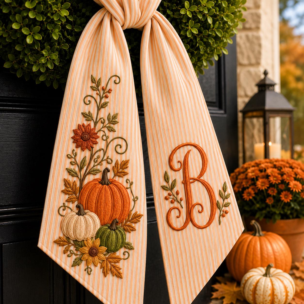Personalized Monogram Embroidery Fall Wreath Sash Bow โ Autumn Floral Pumpkin Door Decor and Thanksgiving Housewarming Gift