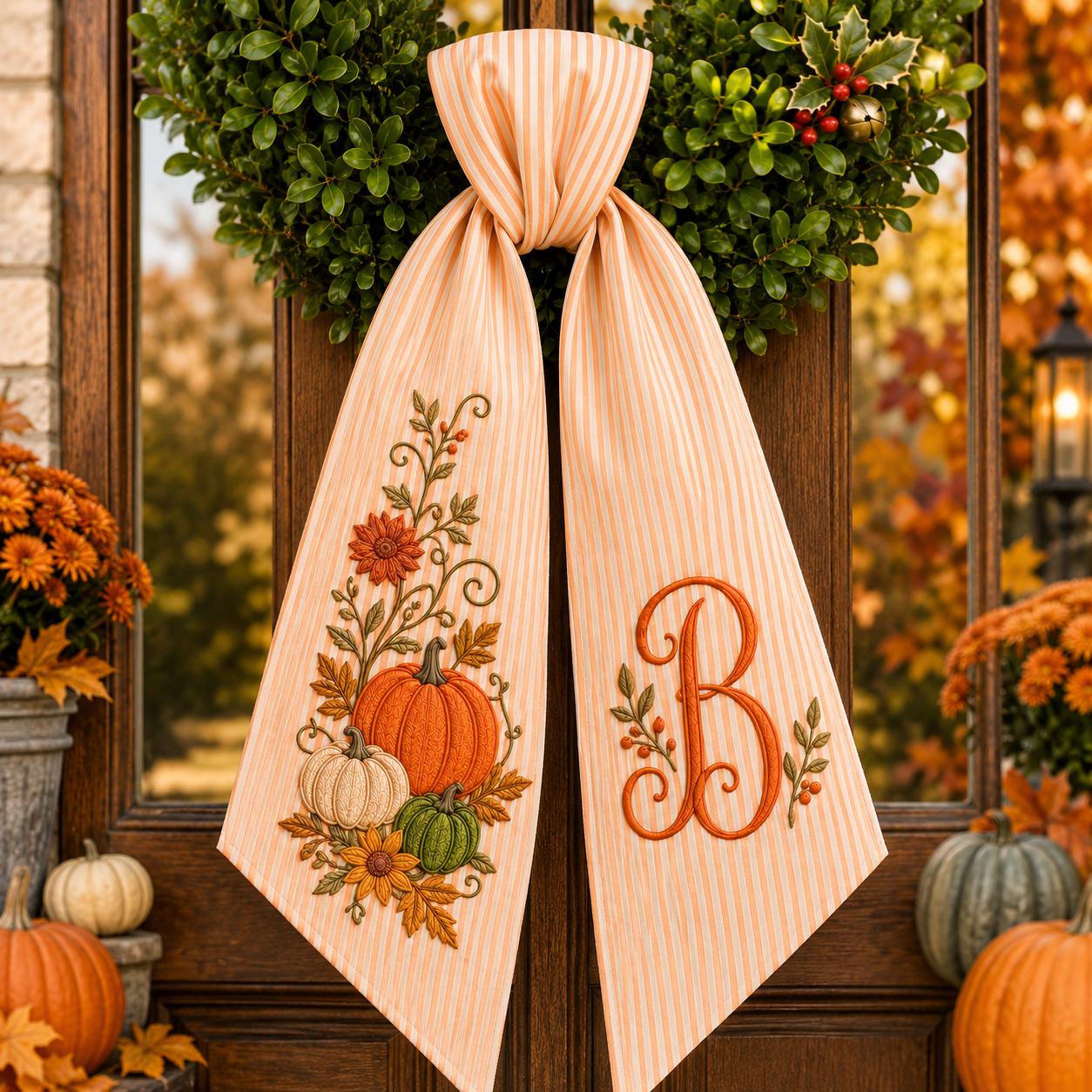 Personalized Monogram Embroidery Fall Wreath Sash Bow – Autumn Floral Pumpkin Door Decor and Thanksgiving Housewarming Gift - photo 2