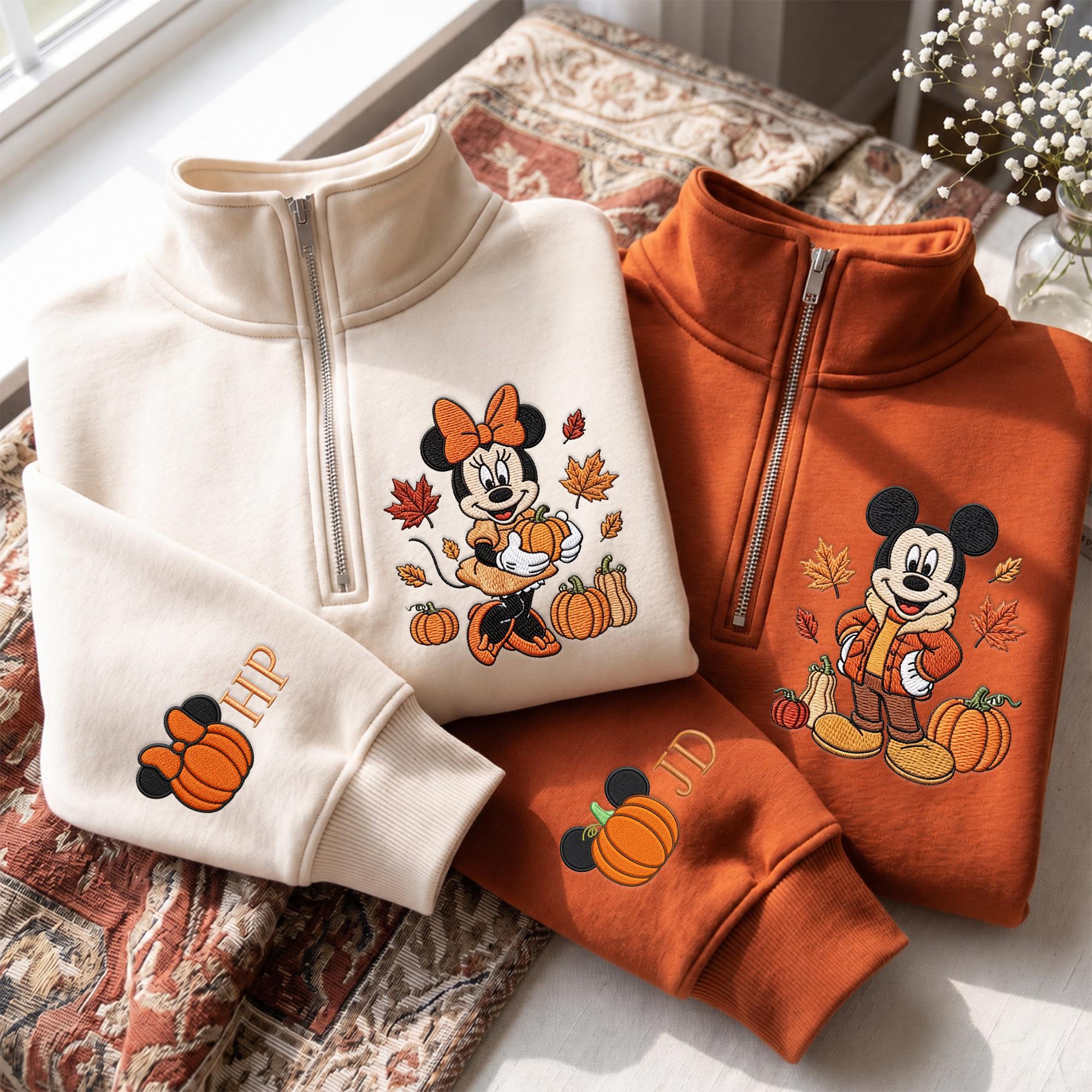 Custom Name Mickey and Minnie Embroidered Fall Sweatshirt Hoodie – Autumn Disney Couple Matching Park Shirt for Trip Birthday Gift