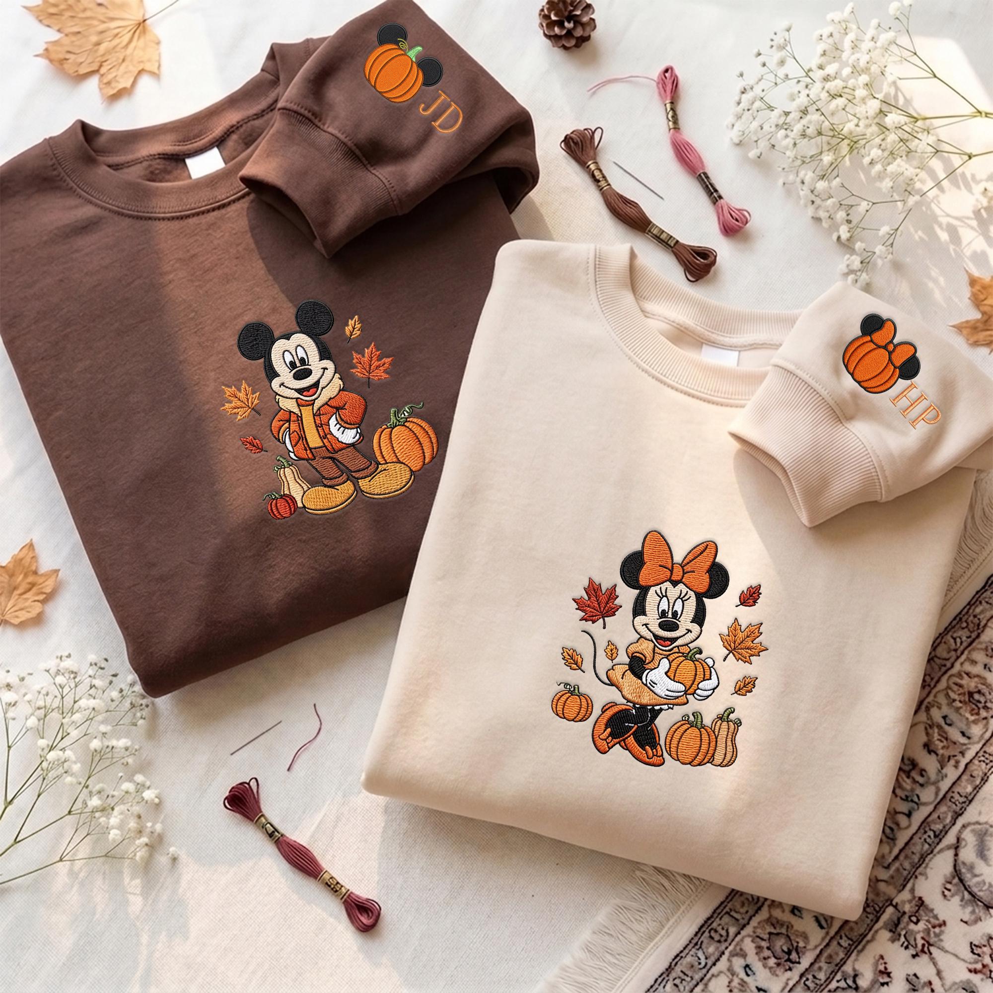 Custom Name Mickey and Minnie Embroidered Fall Sweatshirt Hoodie – Autumn Disney Couple Matching Park Shirt for Trip Birthday Gift - photo 2