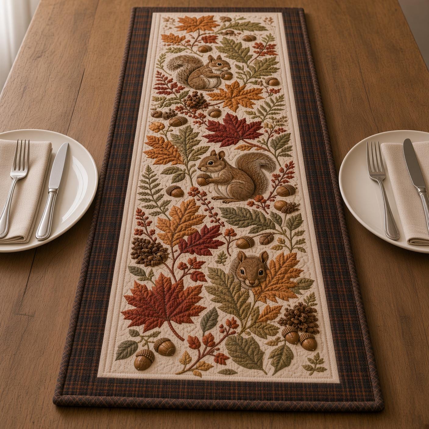 Fall Table Runner with Squirrel and Acorn Autumn Table Decor and Woodland Maple Leaf Thanksgiving Runner, Rustic Harvest Dining Table Decoration
