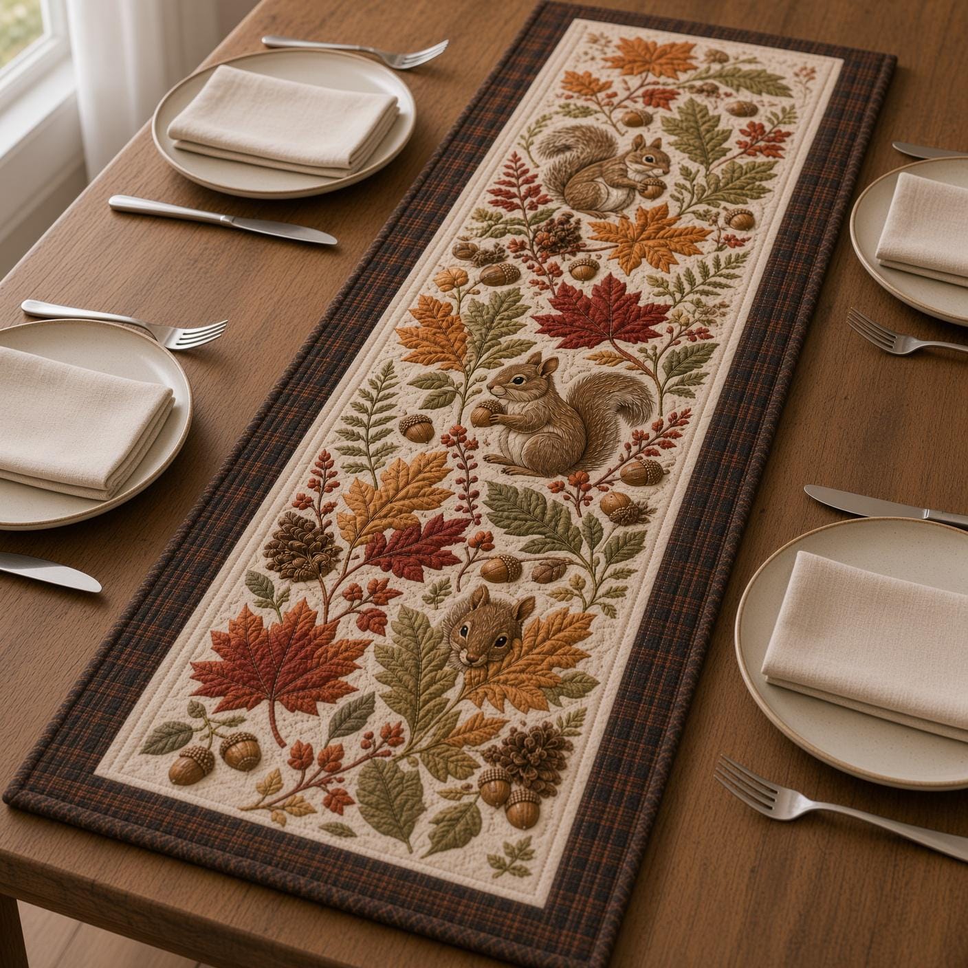 Fall Table Runner with Squirrel and Acorn Autumn Table Decor and Woodland Maple Leaf Thanksgiving Runner, Rustic Harvest Dining Table Decoration - photo 2