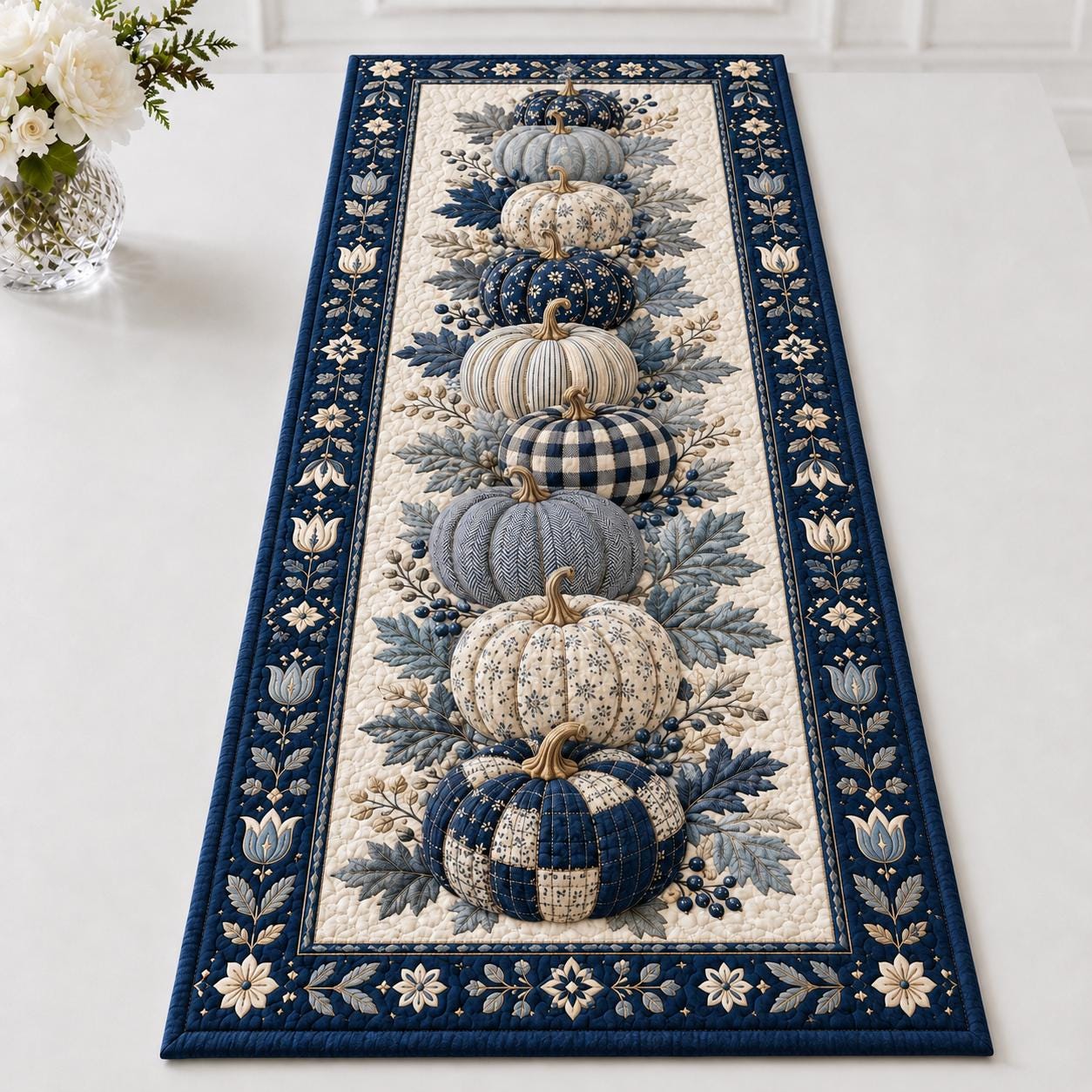 Pumpkin Table Runner with Elegant Fall Thanksgiving Decor and Navy Floral Dining Blue White Autumn Farmhouse