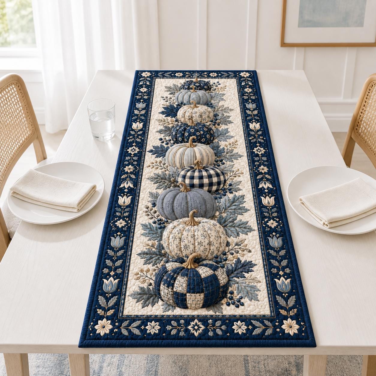 Pumpkin Table Runner with Elegant Fall Thanksgiving Decor and Navy Floral Dining Blue White Autumn Farmhouse - photo 2