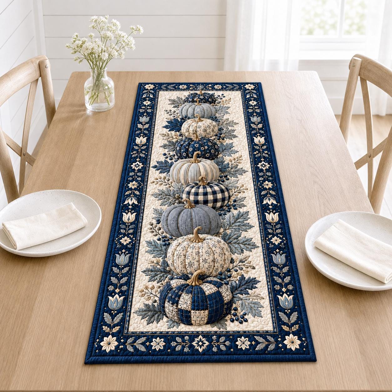 Pumpkin Table Runner with Elegant Fall Thanksgiving Decor and Navy Floral Dining Blue White Autumn Farmhouse - photo 4