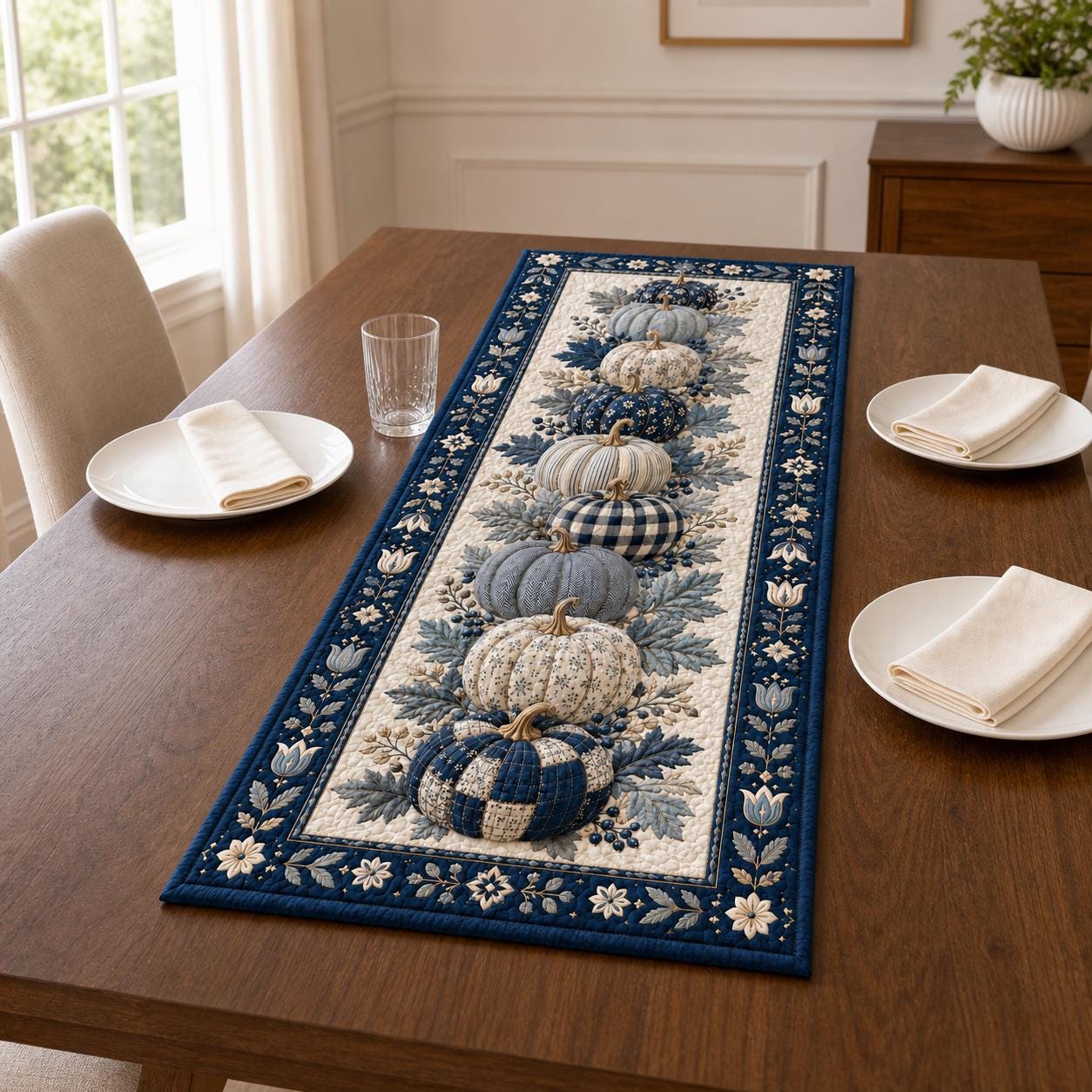 Pumpkin Table Runner with Elegant Fall Thanksgiving Decor and Navy Floral Dining Blue White Autumn Farmhouse - photo 5