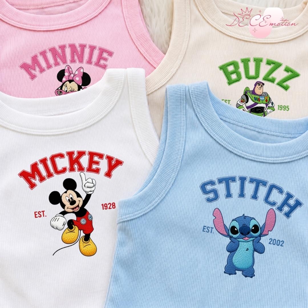 Embroidered All Characters Disney Trip Baby Tee Crop Tank with Mickey and Friends Winnie the Pooh Stitch Toy Story Lace Trim Tank Top