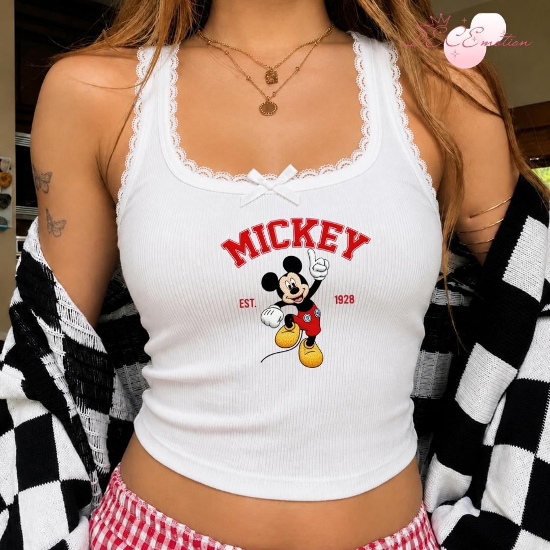 Embroidered All Characters Disney Trip Baby Tee Crop Tank with Mickey and Friends Winnie the Pooh Stitch Toy Story Lace Trim Tank Top - photo 2