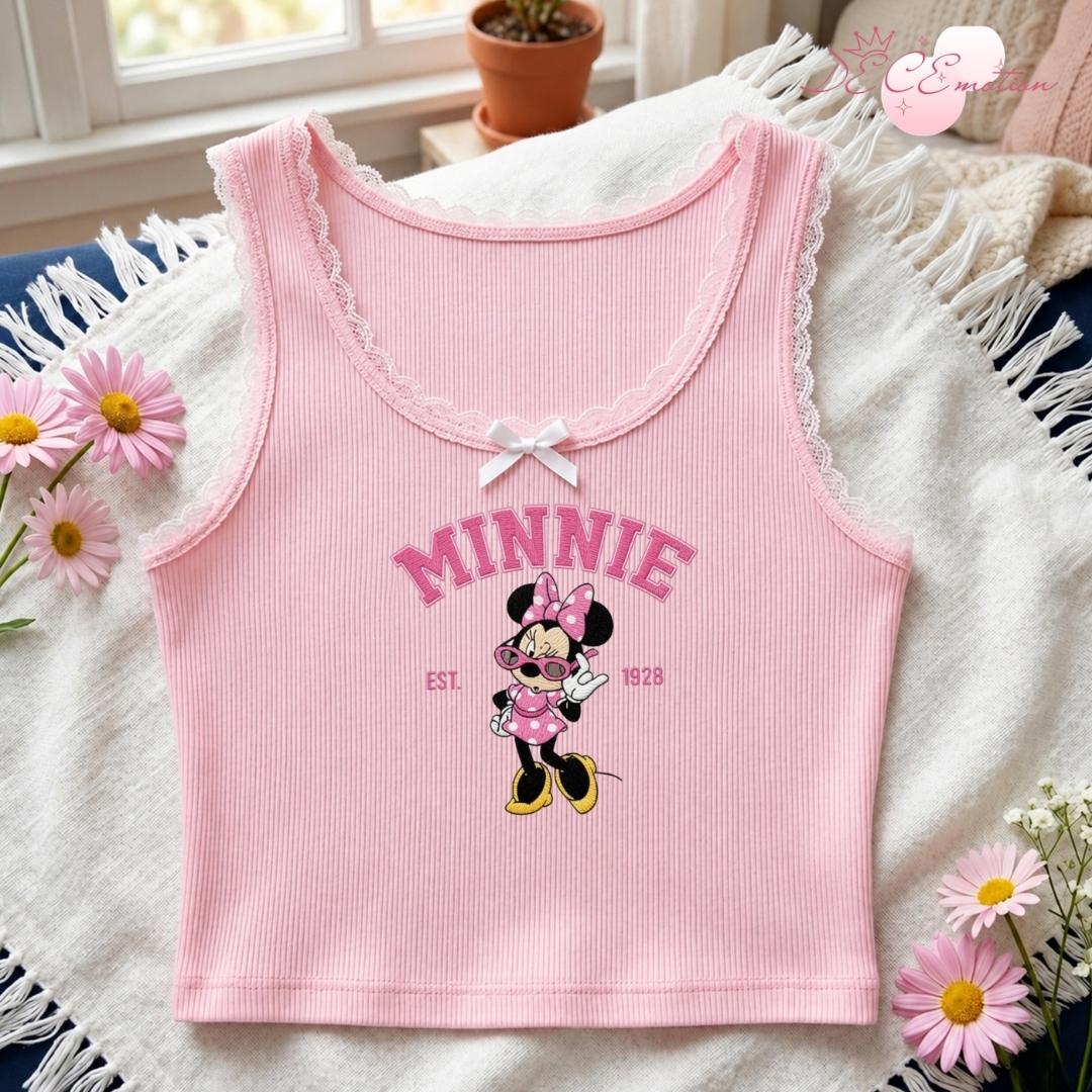 Embroidered All Characters Disney Trip Baby Tee Crop Tank with Mickey and Friends Winnie the Pooh Stitch Toy Story Lace Trim Tank Top - photo 4