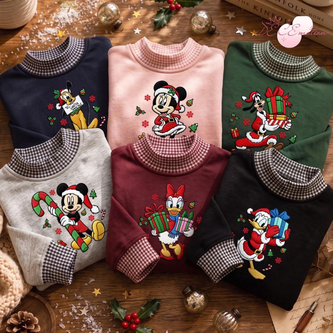 Embroidered All Characters Disney Christmas Gingham Mock Neck Sweatshirt with Mickey and Friends Santa Holiday Xmas Lace Trim Tank Top