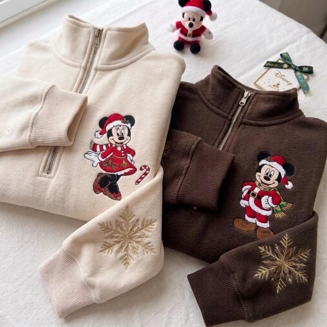Embroidered Mickey and Minnie Christmas Quarter Zip Sweatshirt Hoodie – Disneyland Couple Crewneck Christmas Lights Disney Gift