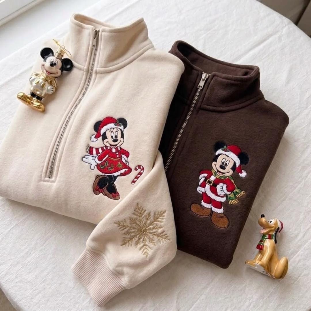 Embroidered Mickey and Minnie Christmas Quarter Zip Sweatshirt Hoodie – Disneyland Couple Crewneck Christmas Lights Disney Gift - photo 3