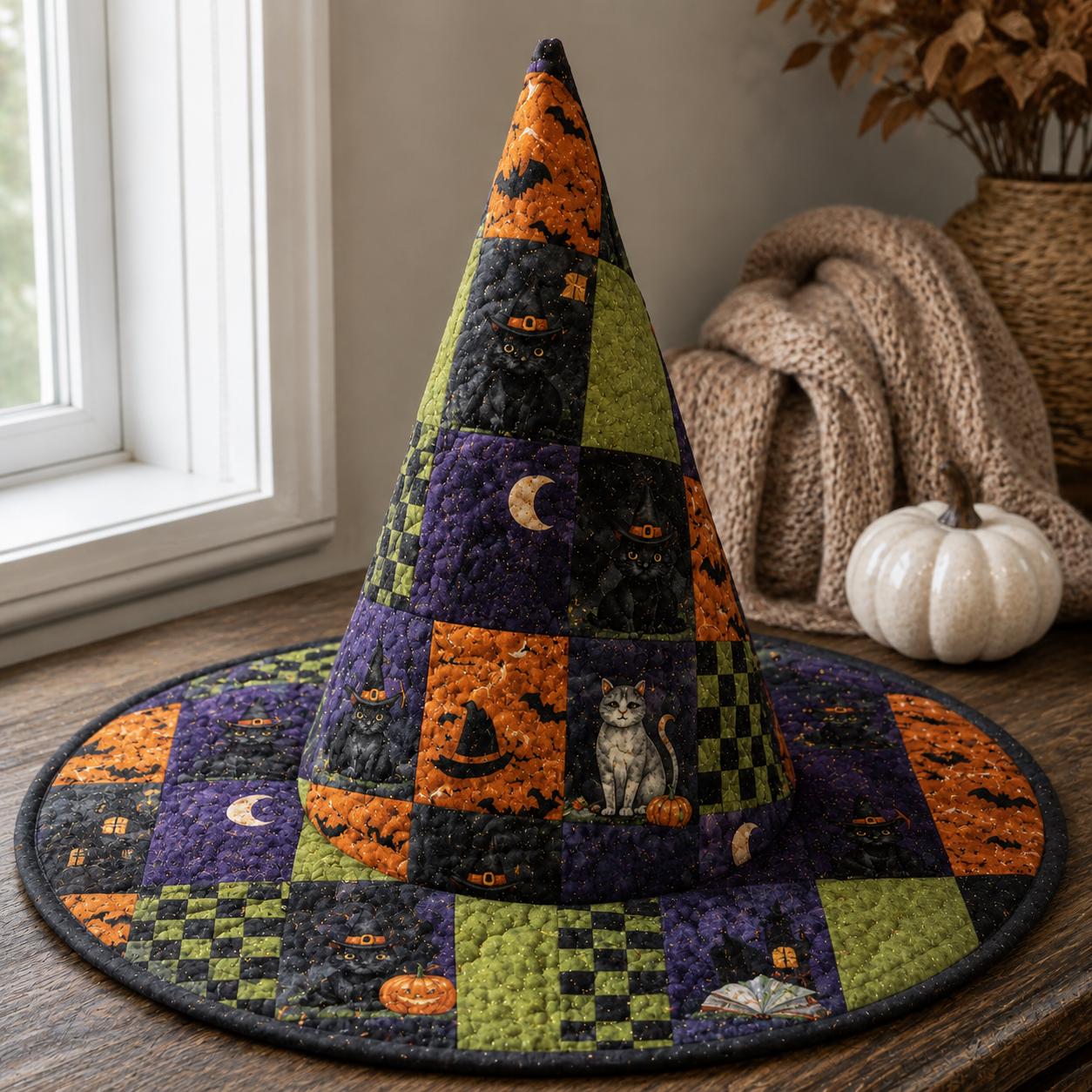 Witch Hat – Spooky Patchwork Black Cat Pumpkin Orange Purple Table Centerpiece Decoration for Halloween Cat Lover Gift and Decor