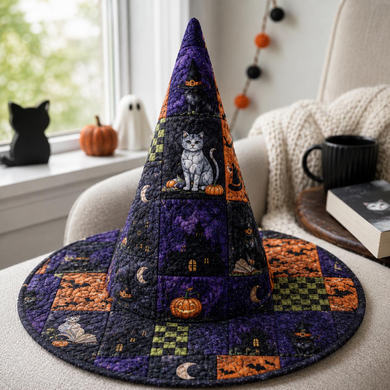 Witch Hat – Spooky Patchwork Black Cat Pumpkin Orange Purple Table Centerpiece Decoration for Halloween Cat Lover Gift and Decor - photo 2