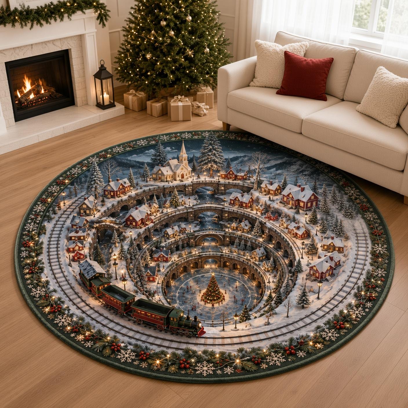 Whimsical 3D Illusion Gingerbread Christmas Round Rug – Festive Holiday Village Train and Candy Cane Floor Mat Home Decor