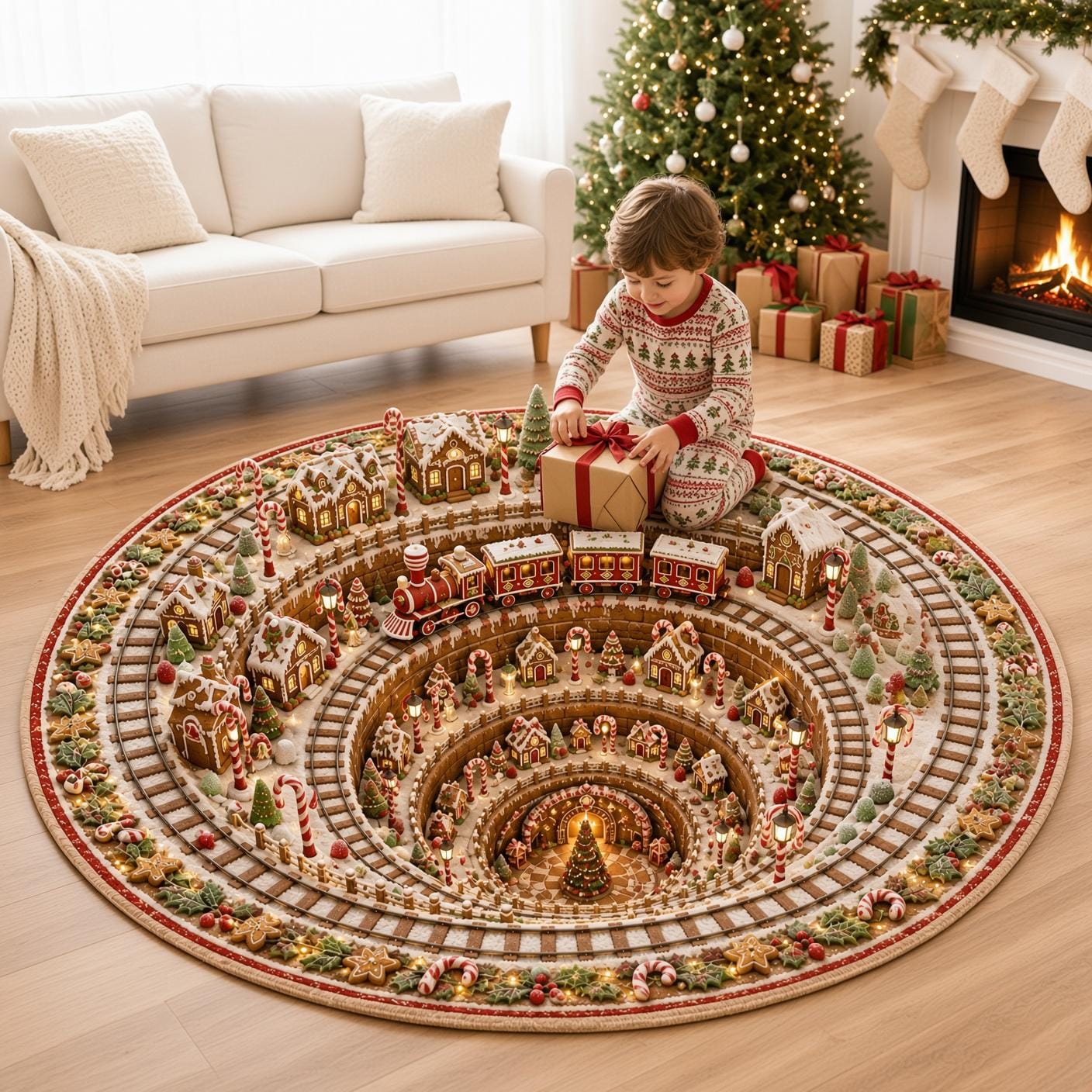 Whimsical 3D Illusion Gingerbread Christmas Round Rug – Festive Holiday Village Train and Candy Cane Floor Mat Home Decor - photo 2