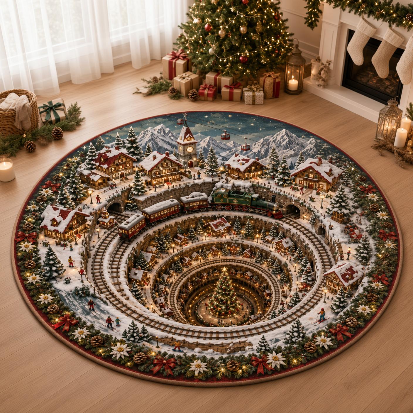 Whimsical 3D Illusion Gingerbread Christmas Round Rug – Festive Holiday Village Train and Candy Cane Floor Mat Home Decor - photo 5