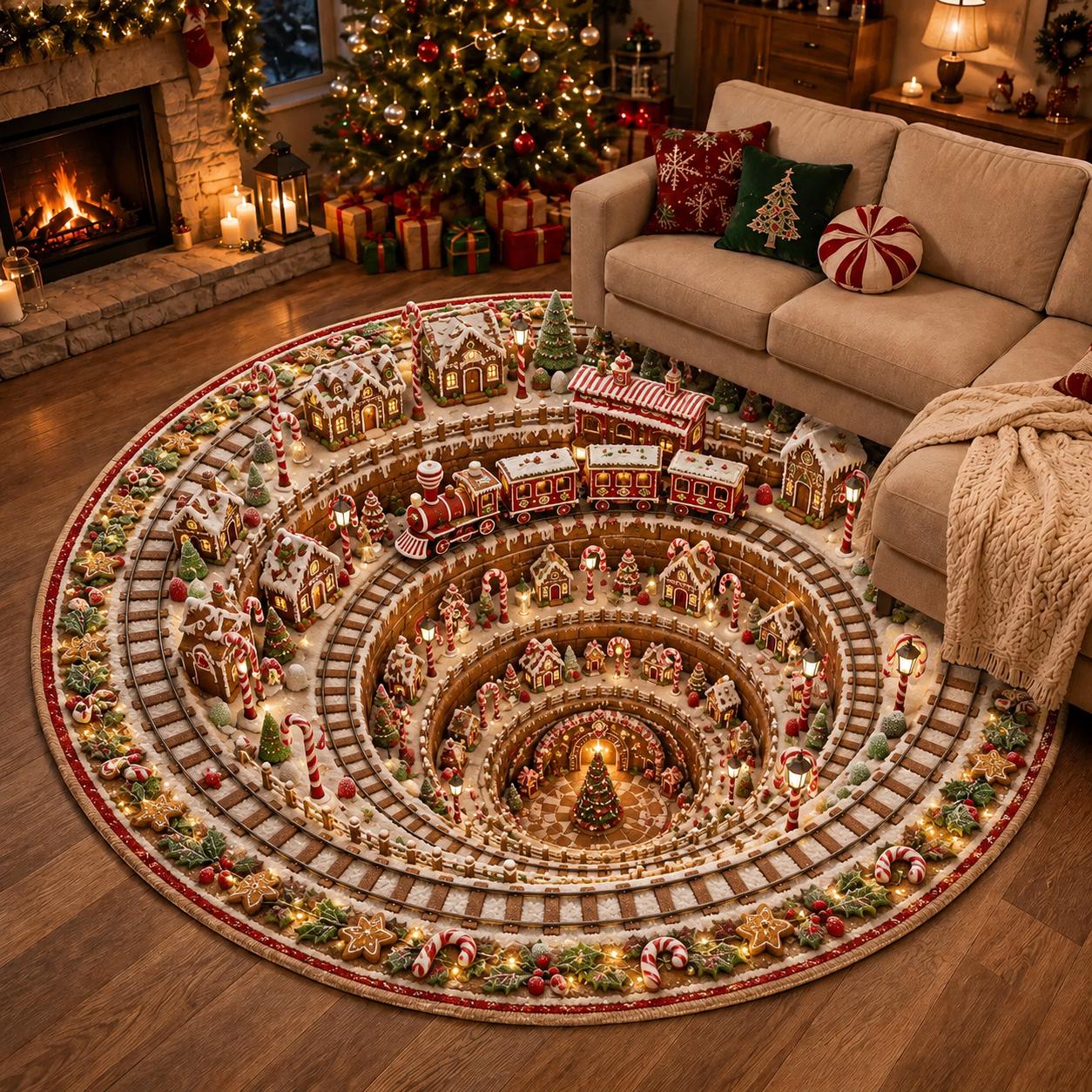 Whimsical 3D Illusion Gingerbread Christmas Round Rug – Festive Holiday Village Train and Candy Cane Floor Mat Home Decor - photo 6