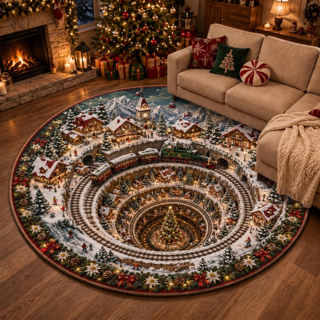 Whimsical 3D Illusion Gingerbread Christmas Round Rug – Festive Holiday Village Train and Candy Cane Floor Mat Home Decor - photo 7