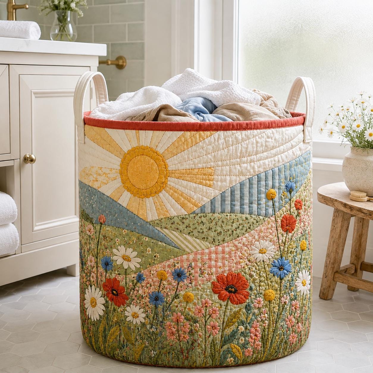 Floral Landscape Laundry Basket – Wildflower Meadow Hamper with Quilt Style Storage Bin and Nature Home Organizer Housewarming Gift